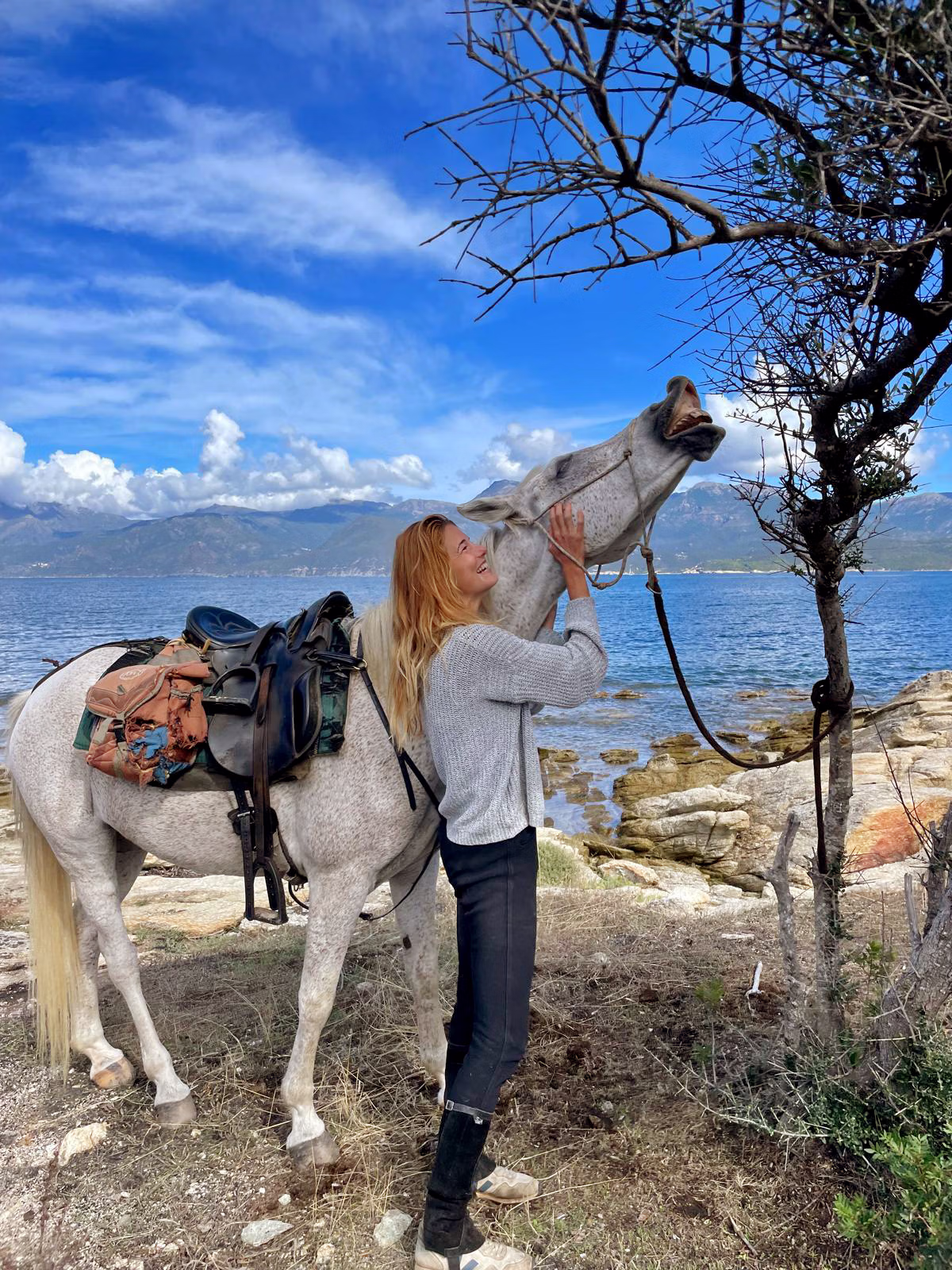 Un cheval blanc secouant joyeusement la tête tandis qu’une femme souriante lui caresse l’encolure au bord de la mer.