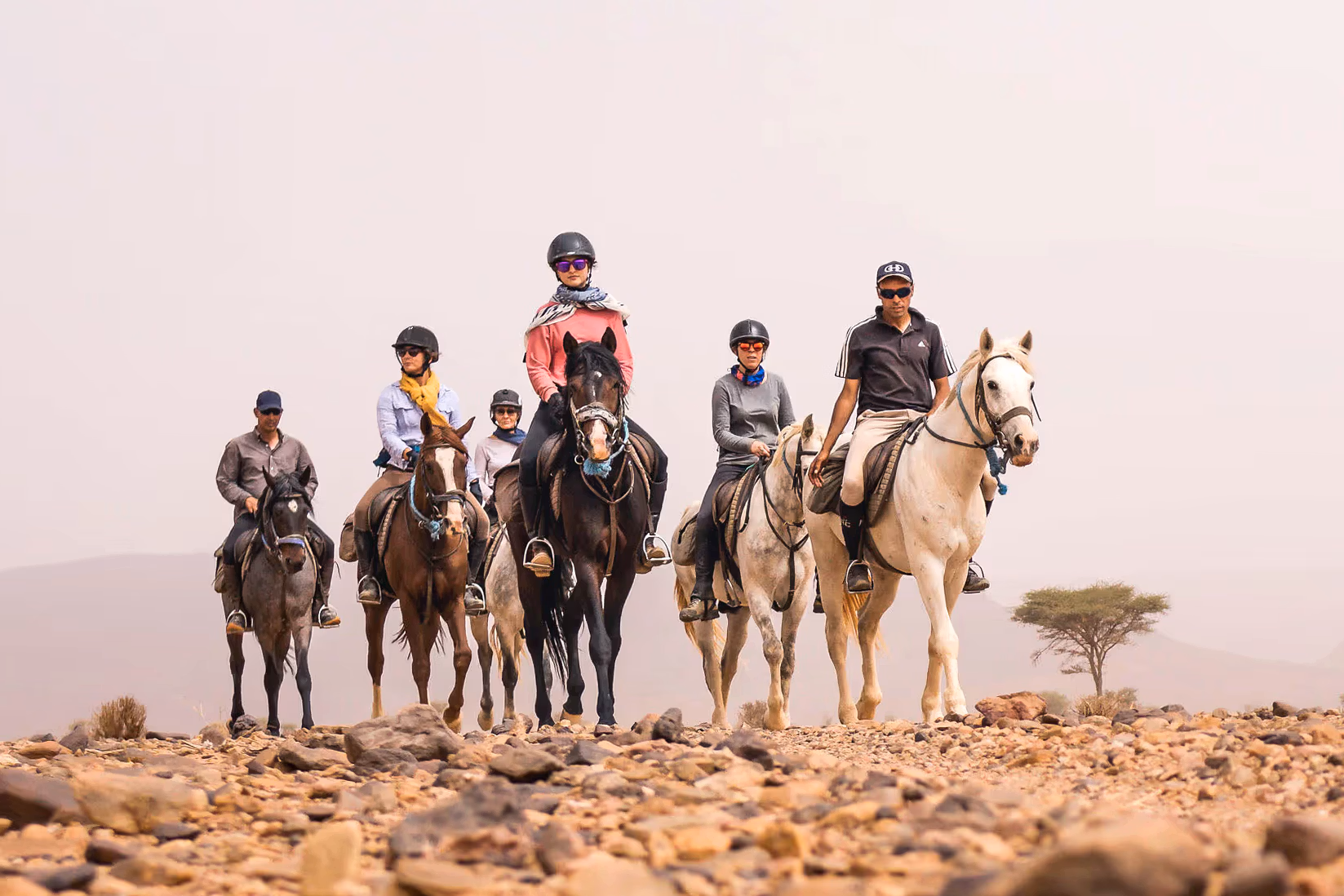 Un groupe de cavaliers pose dans le desert.