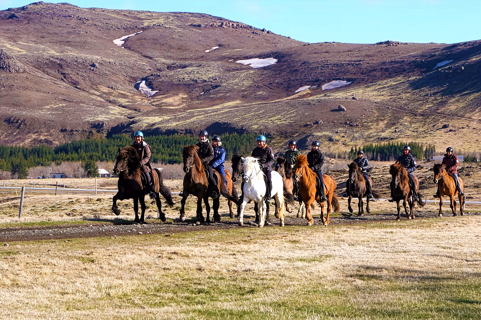 Groupe de cavaliers traversant une vaste prairie à cheval devant une colline volcanique partiellement enneigée lors d’un séjour équestre en Islande.