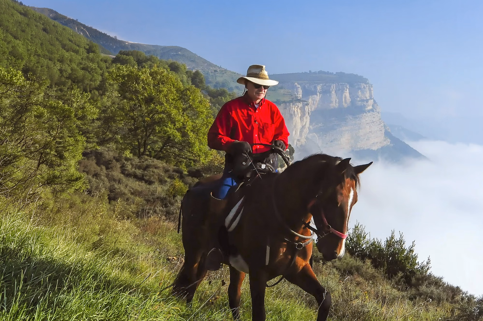 Un cavalier coiffé d’un chapeau de cowboy contemple une vallée brumeuse et d’imposantes montagnes depuis une colline.