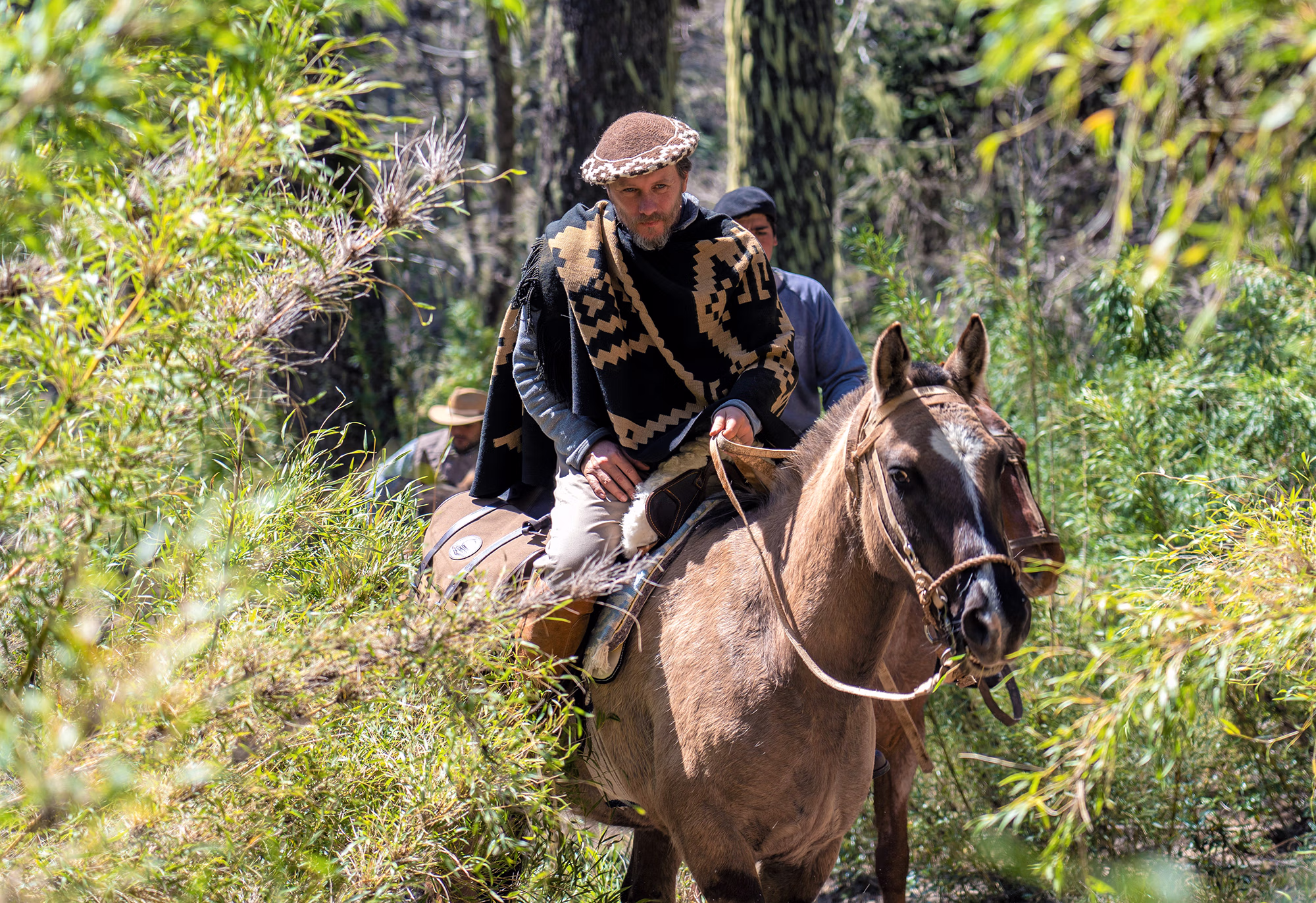 Un gaucho argentin en tenue traditionnelle guide son cheval à travers une végétation dense et verdoyante.