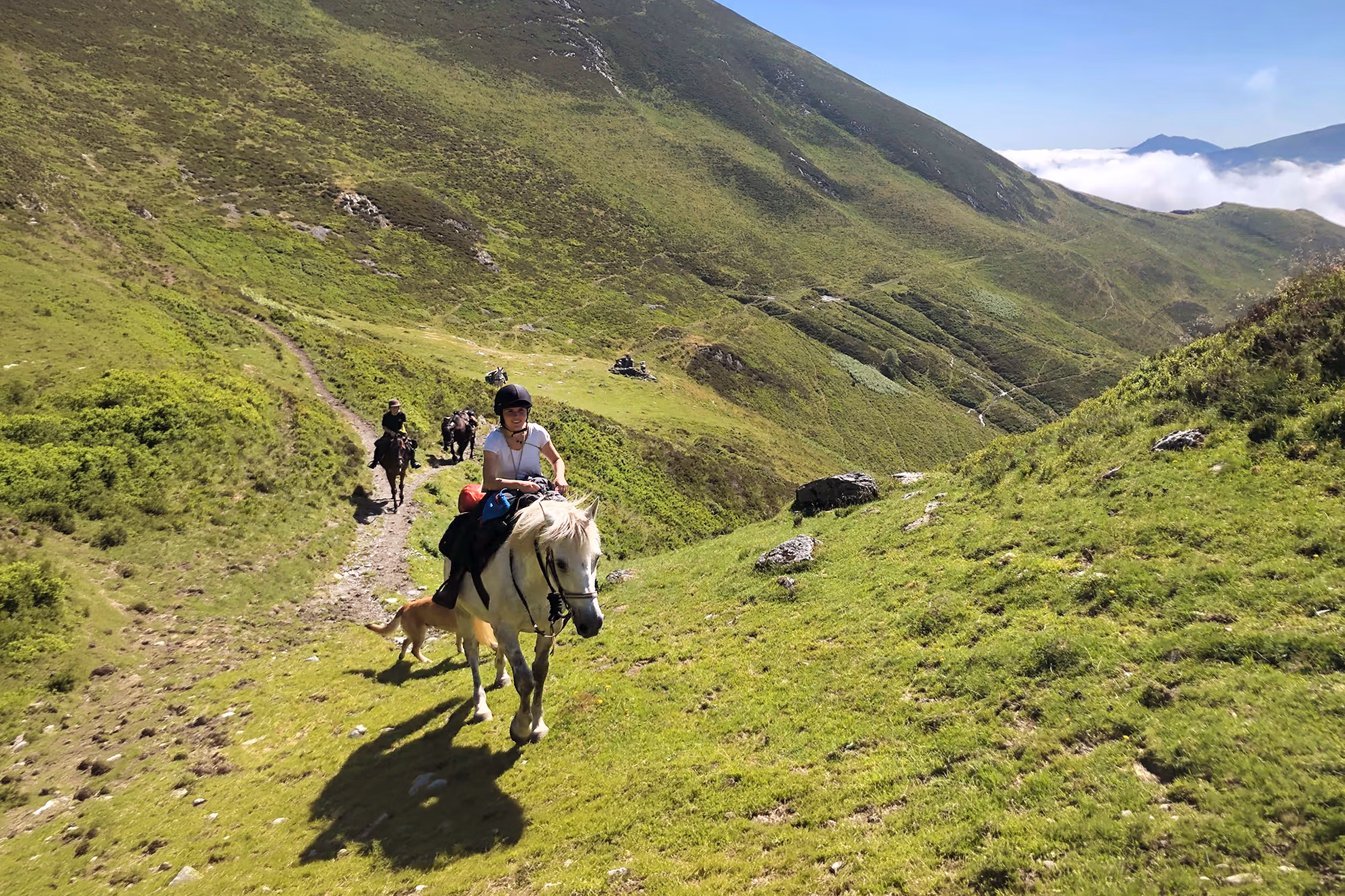 Trois cavaliers et leurs chevaux lors d’une randonnée équestre dans les Pyrénées françaises.