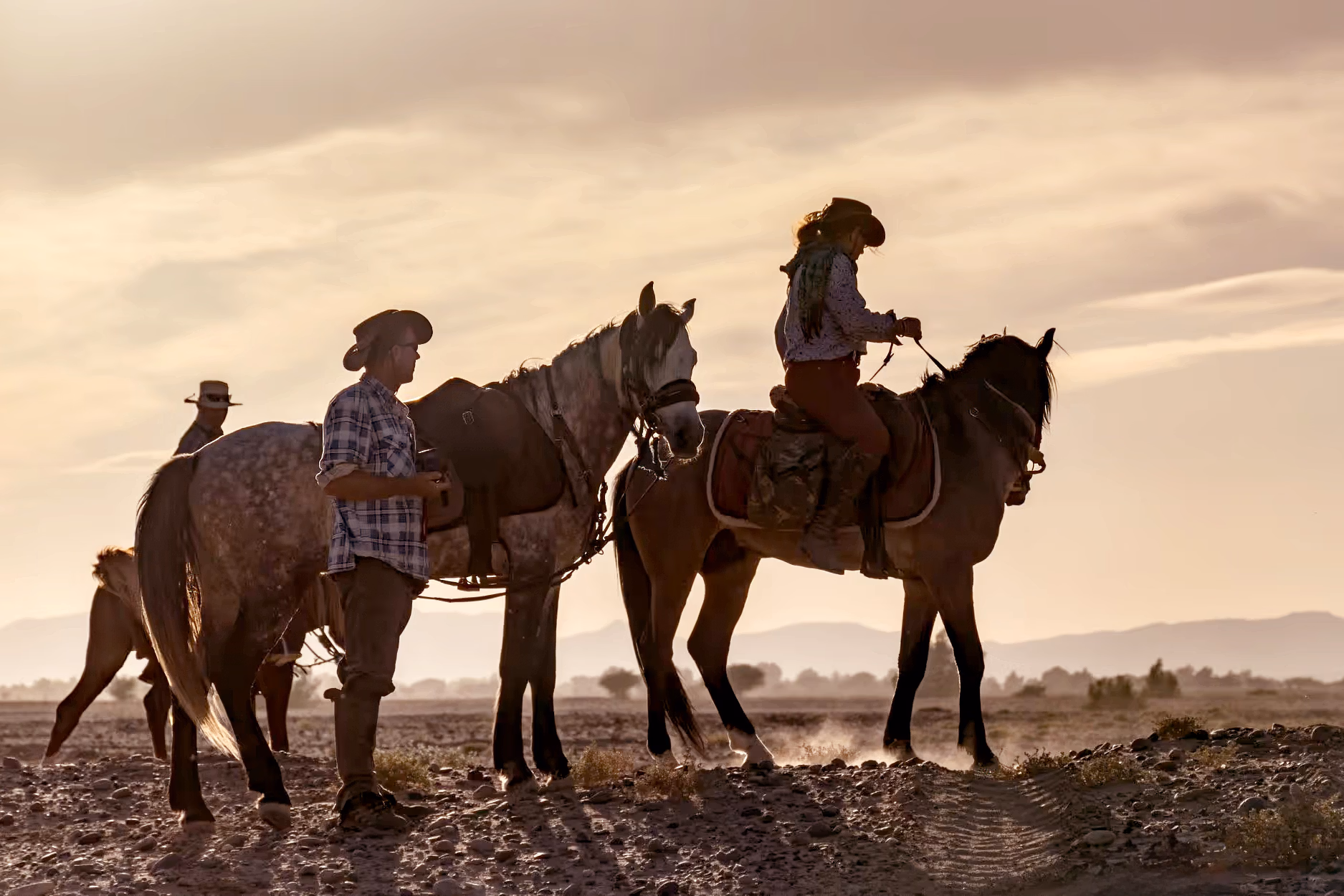 Silhouettes of trail riders and horses stand against the glowing, sun-drenched landscape