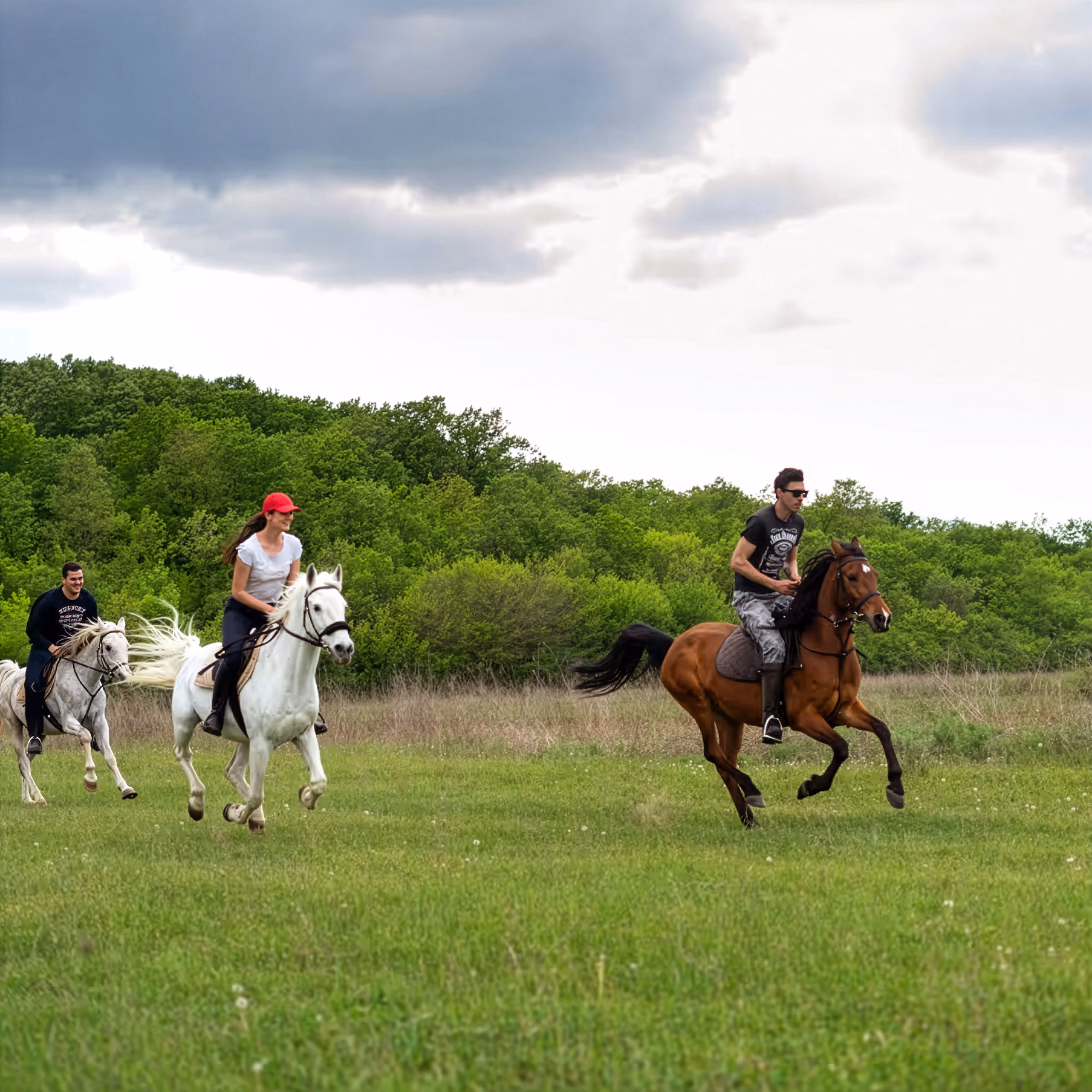 Deux cavaliers en randonnée à cheval traversant un vaste champ verdoyant au paysage spectaculaire.