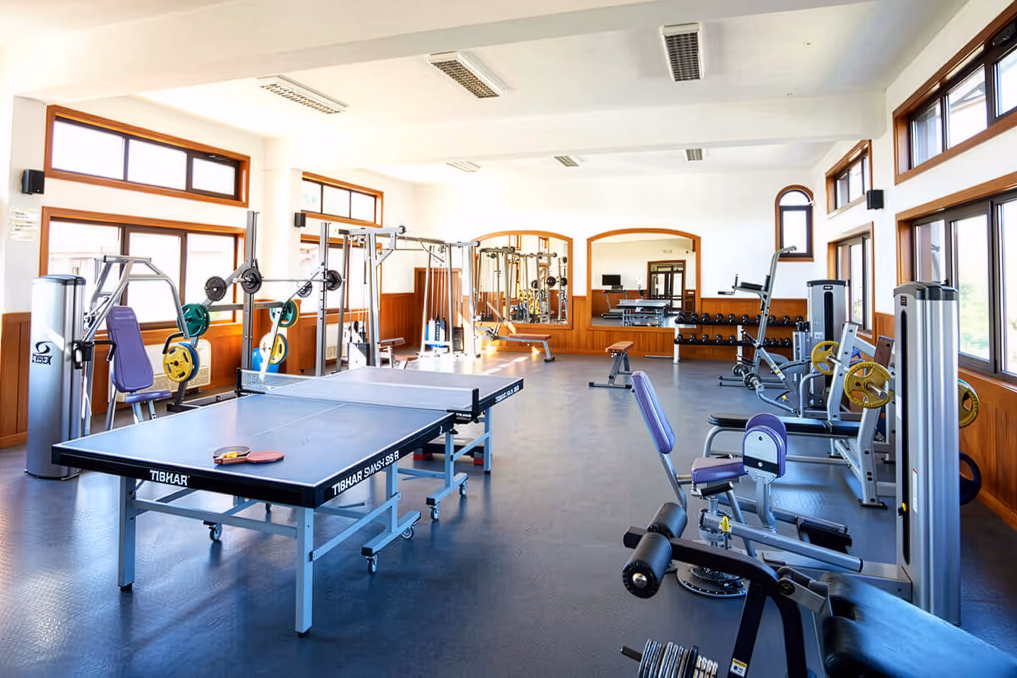Salle de fitness moderne dans un complexe de bien-être en Bulgarie, équipée de matériel de sport et d’une table de ping-pong professionnelle.