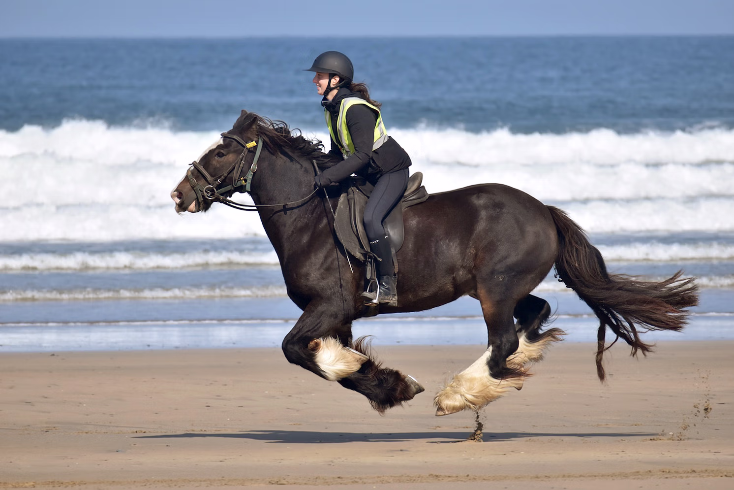 Un puissant cheval noir et son cavalier lancés au grand galop sur une plage de sable.
