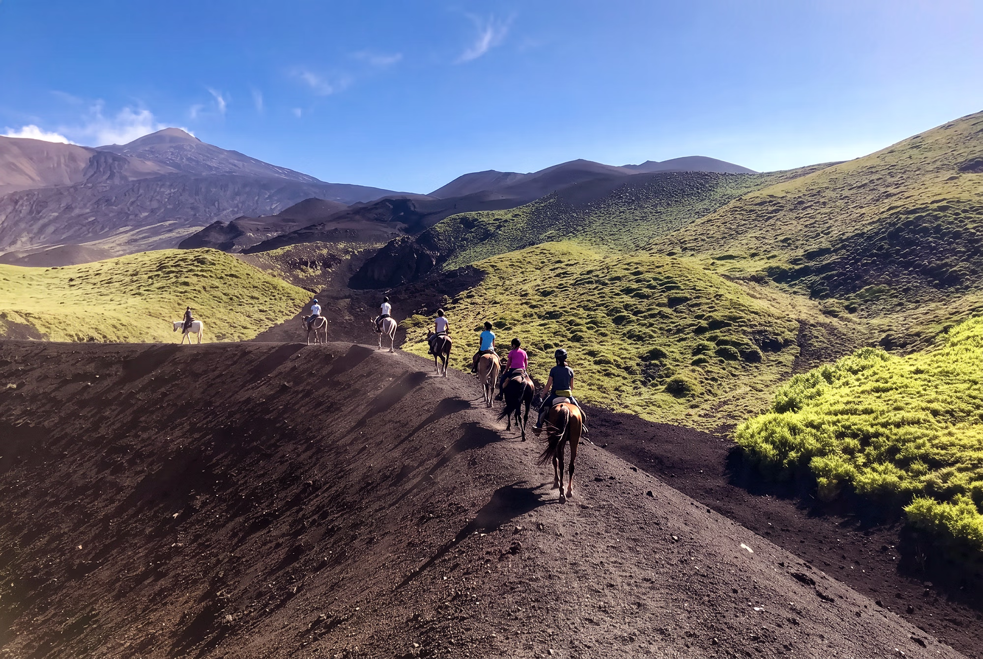 Un groupe de cavaliers traverse un paysage volcanique spectaculaire, avec un champ de lave sombre partiellement recouvert de végétation verdoyante en arrière-plan.