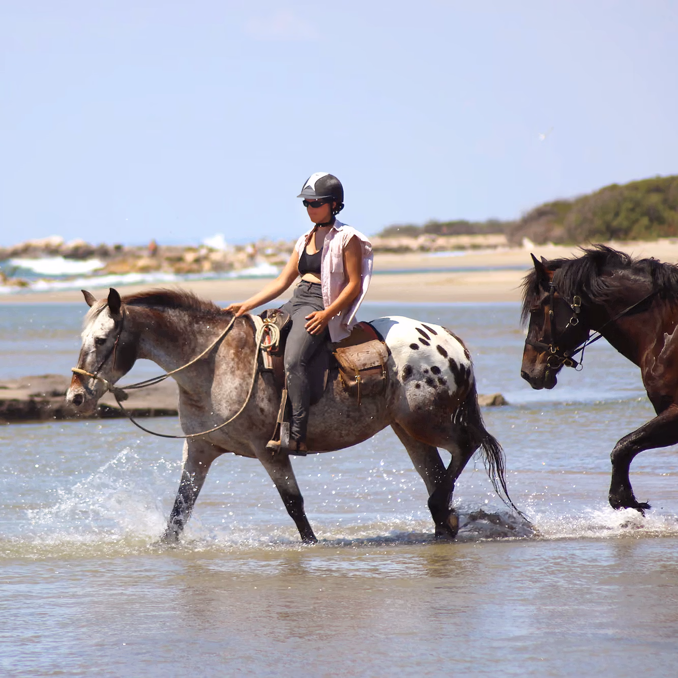 Cavaliers et leurs montures les pieds dans l'eau de la mer sur une plage de Camargue
