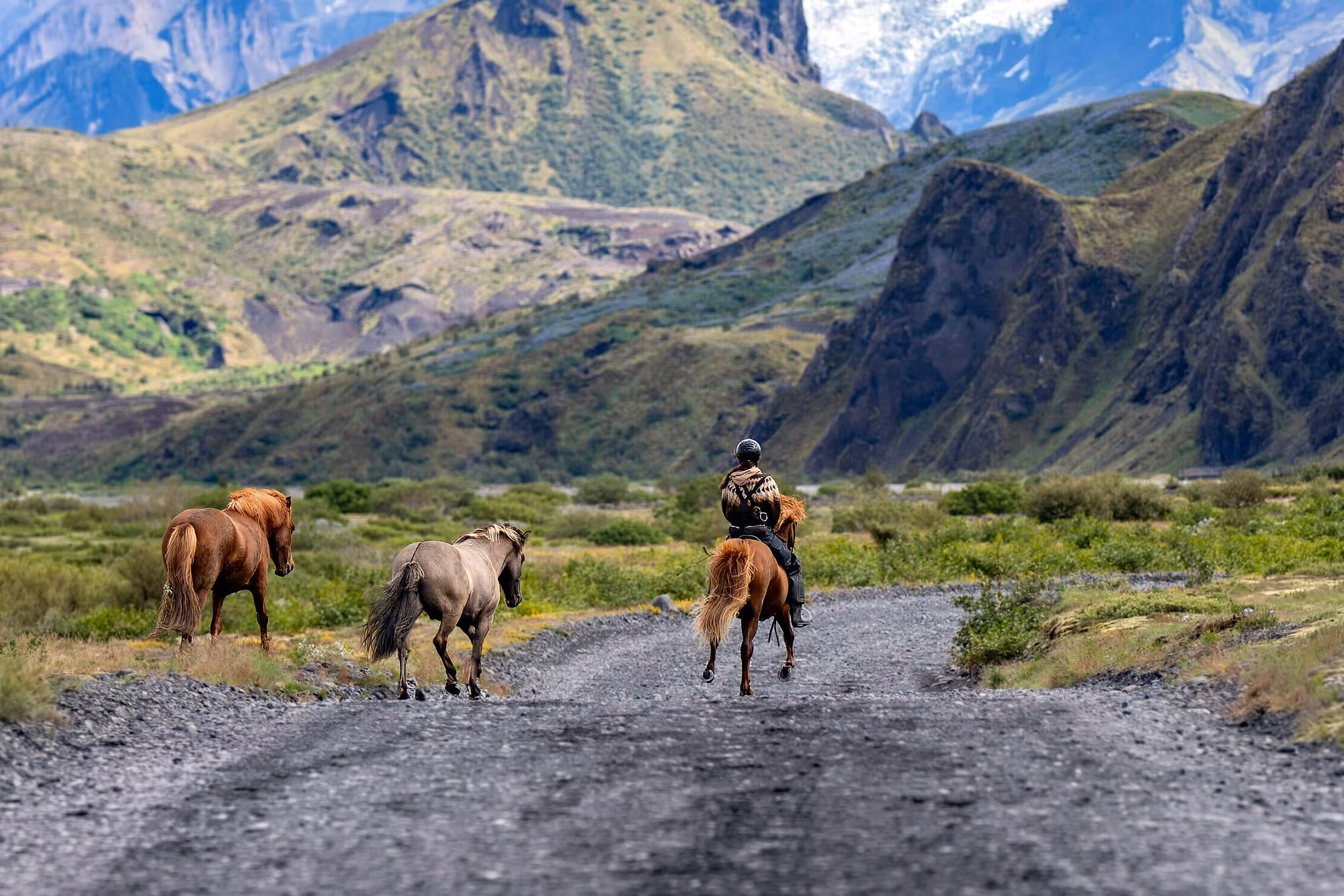 Cavaliers à cheval dans les paysages sauvages de la vallée de Thórsmörk lors d’un voyage équestre en Islande.