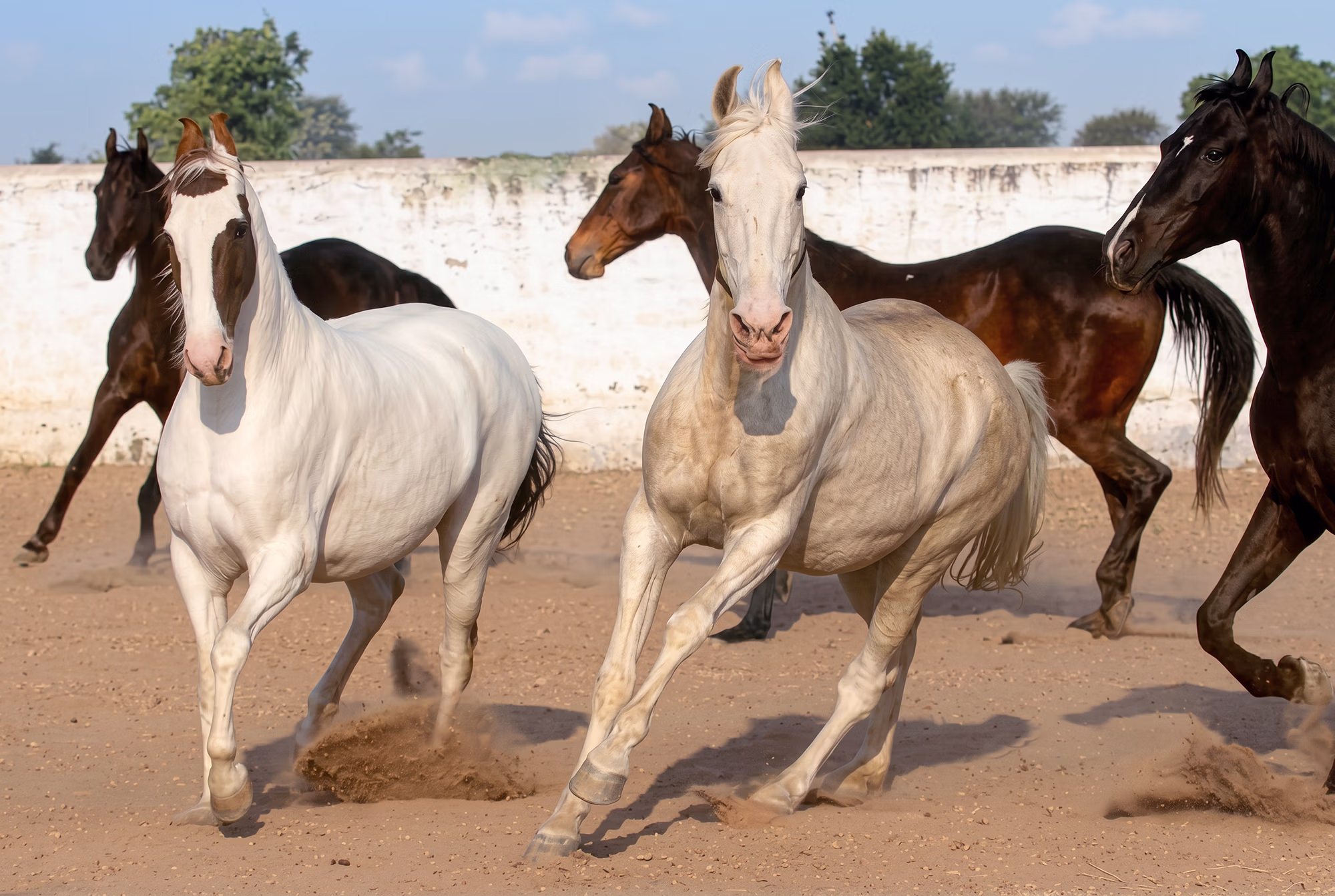 Un troupeau de chevaux galope dans une carrière en sable.