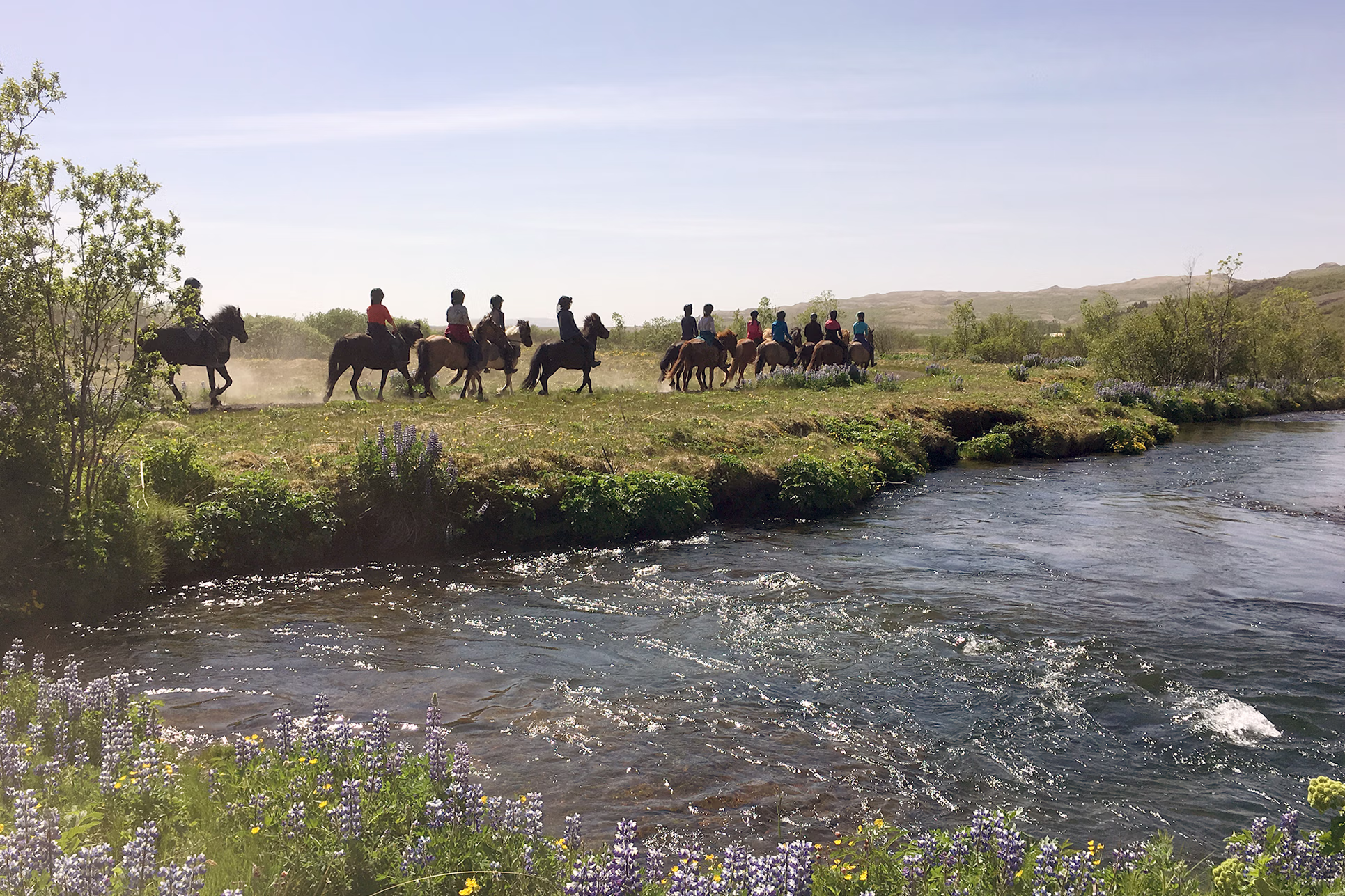 A small group of horseback riders moves through green grass on the opposite side of a wide river