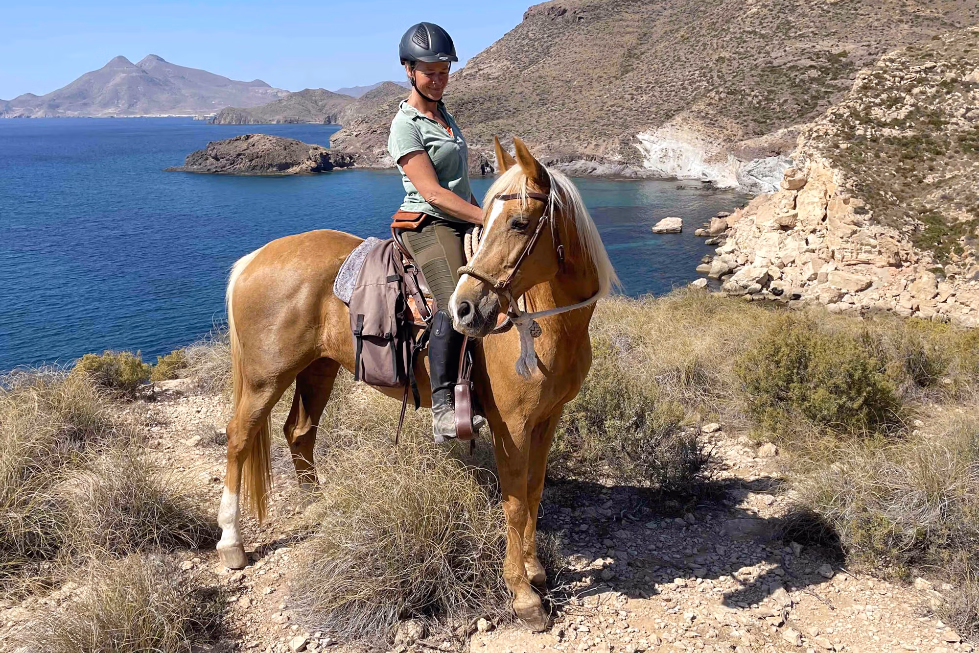 Un cavalier et son cheval posent sur un sentier cĂ´tier surplombant une cĂ´te sauvage.