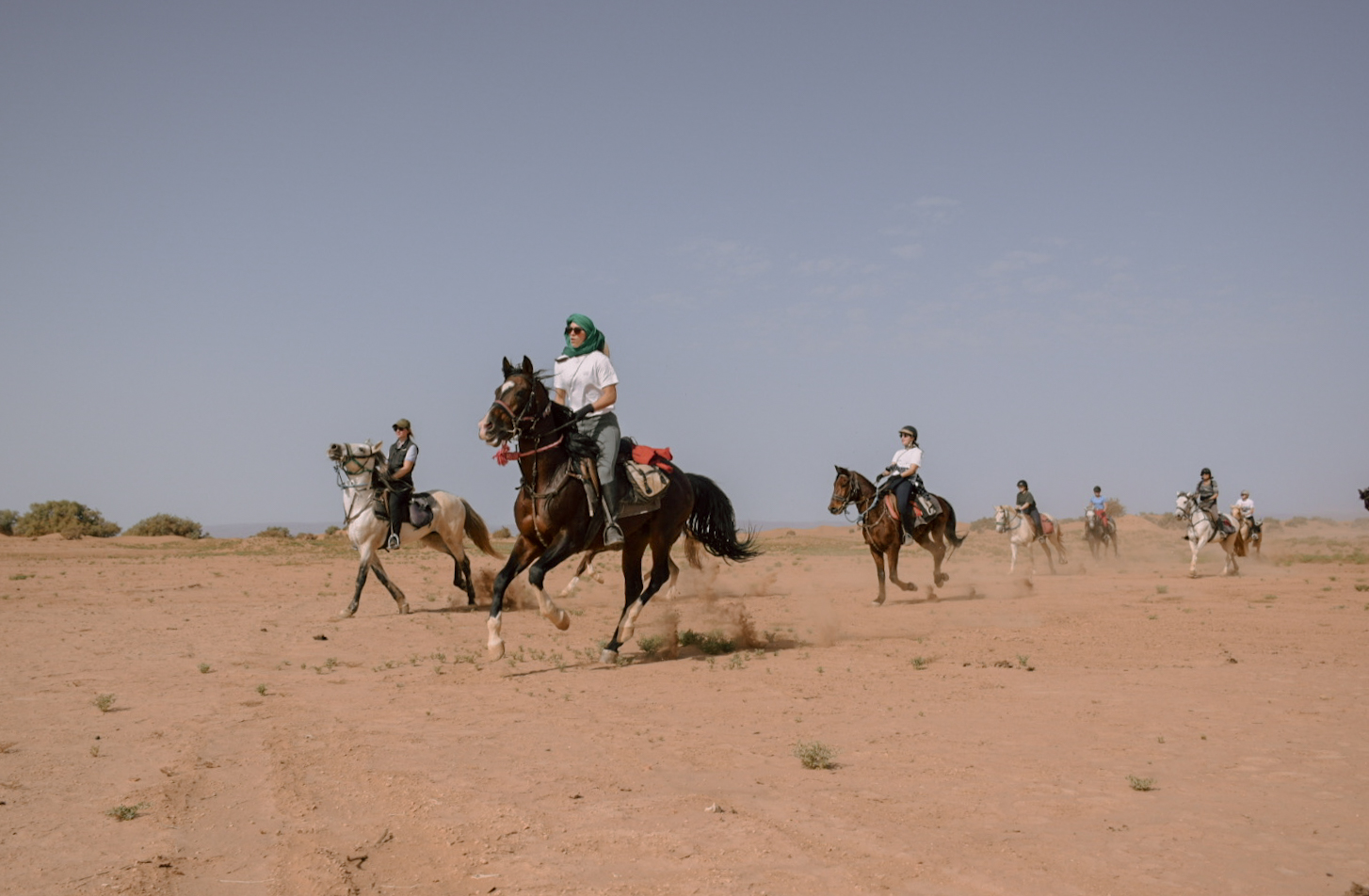 Un groupe de cavaliers au galop dans le désert Marocain