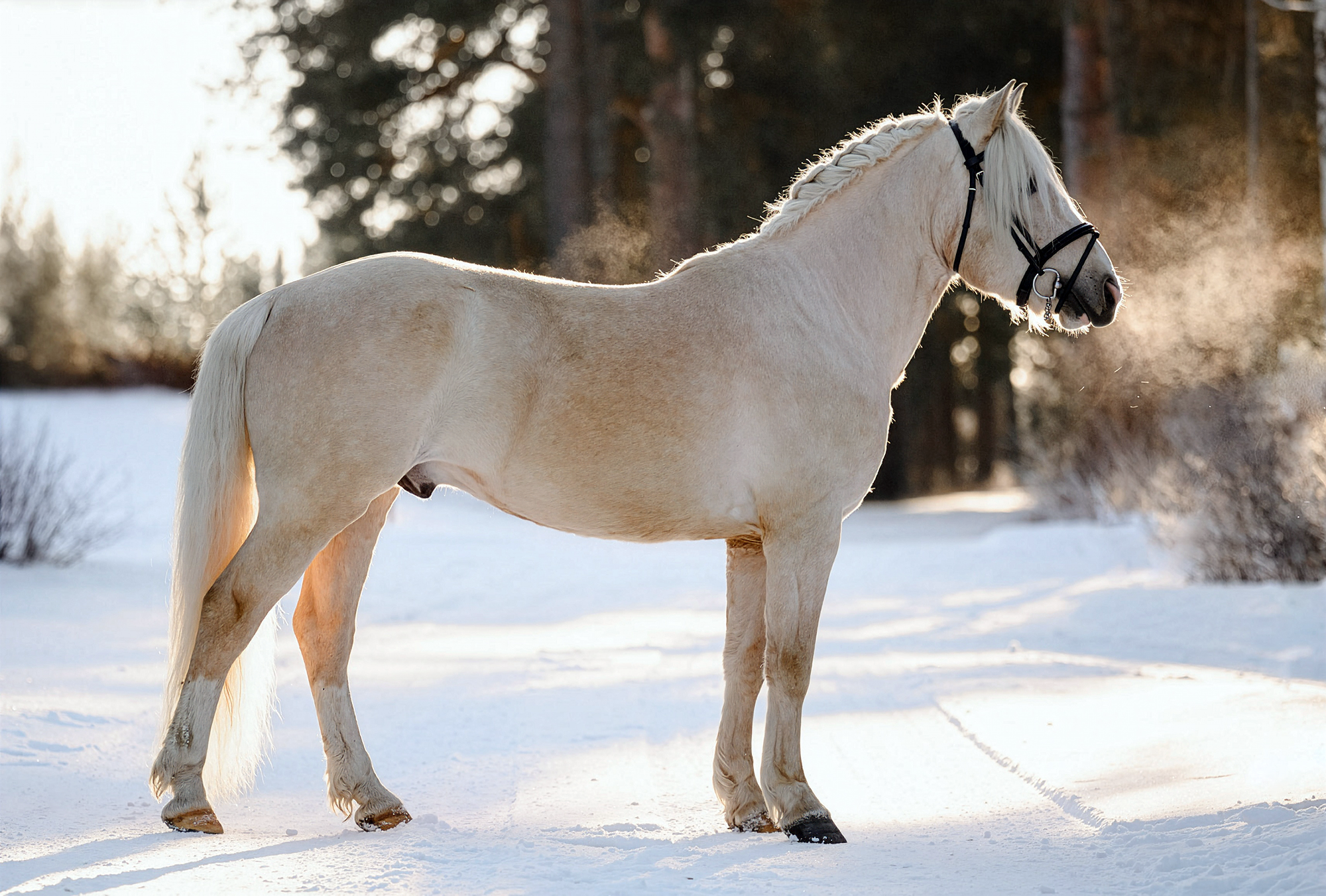Cheval finlandais Finnhorse de profil dans la neige en Laponie finlandaise