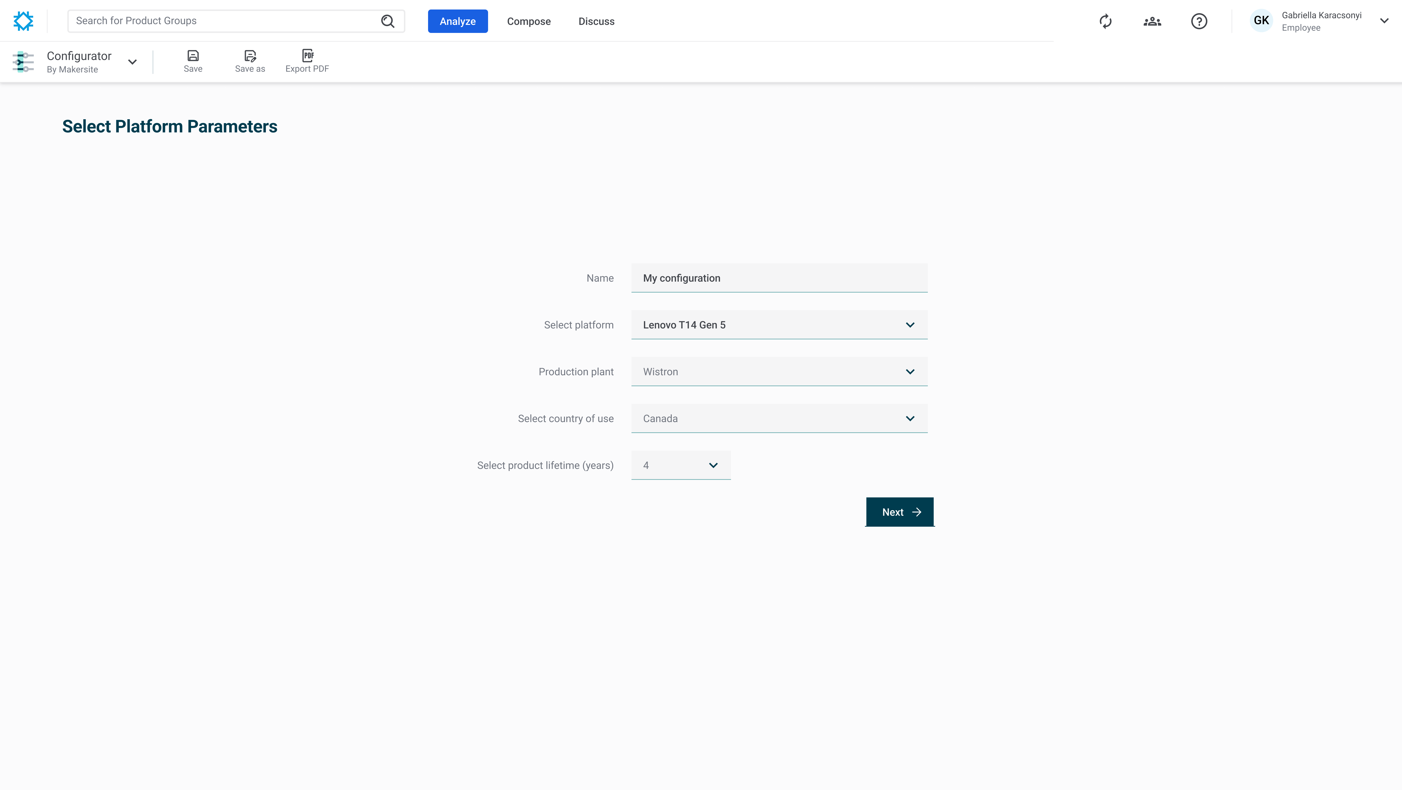 Final screen: Select platform parameters