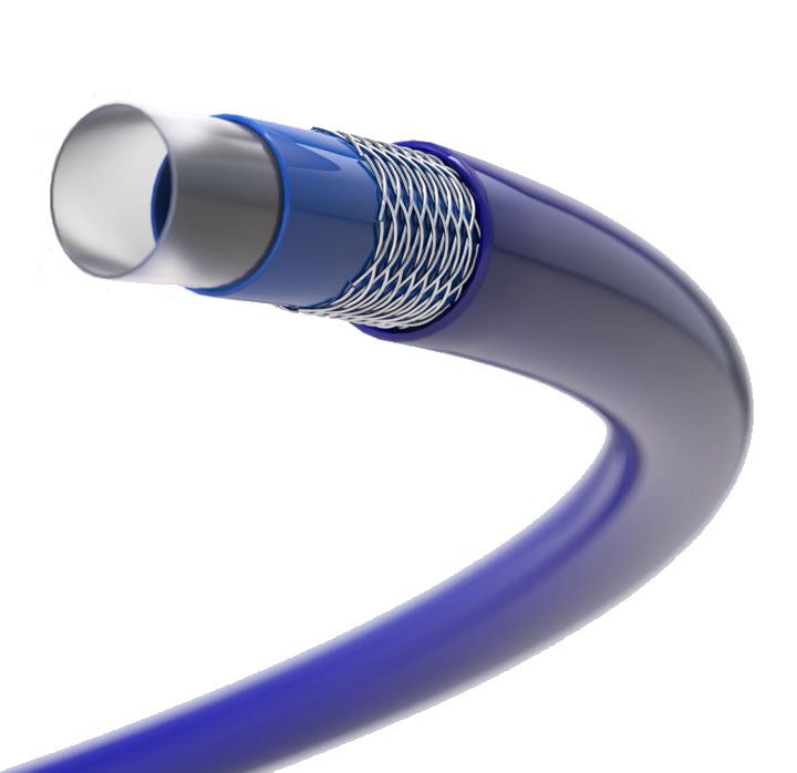 3D render of a braided neurovascular microcatheter with active electrodes at the distal tip.