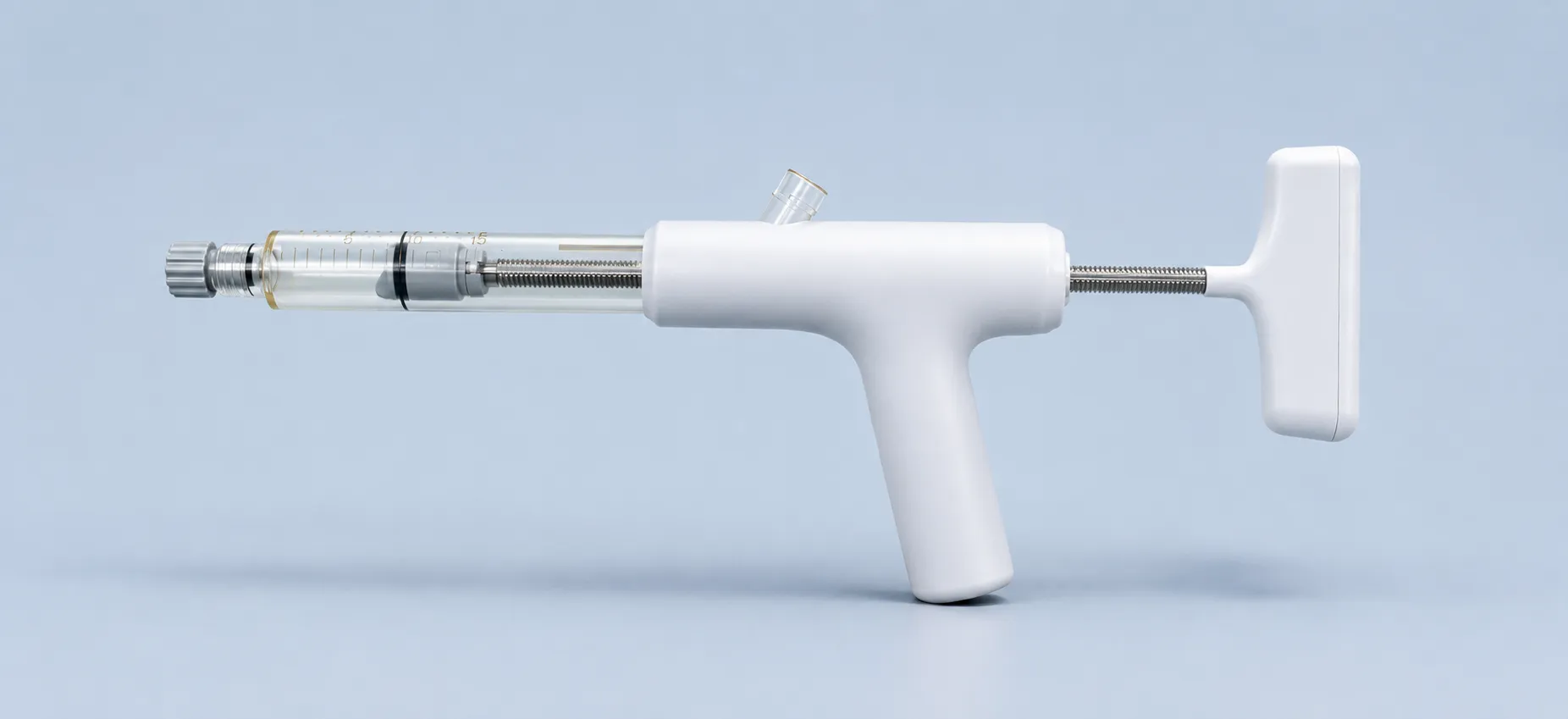 Assembled white handheld delivery device with T-handle and threaded actuator