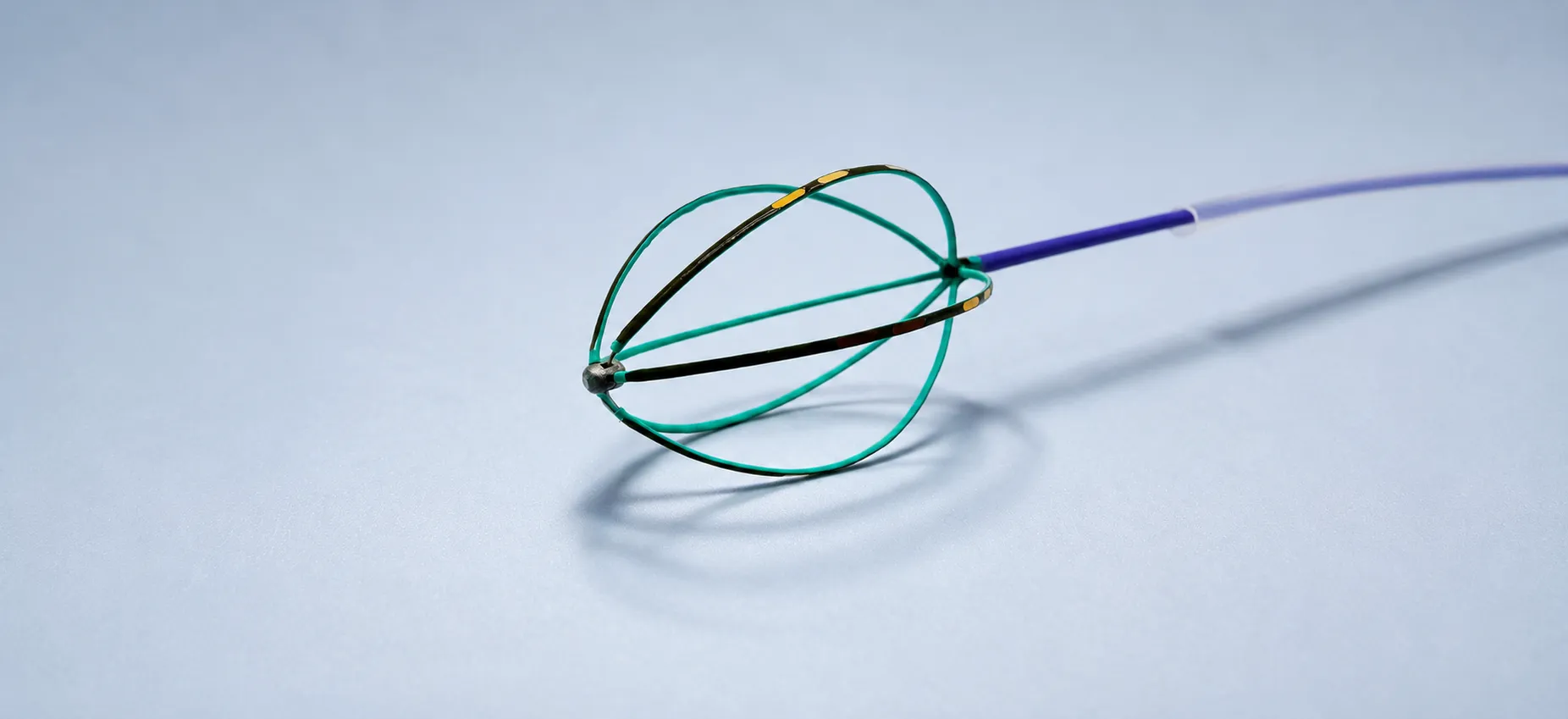 Electrode basket catheter with green wires expanded at the tip of a purple shaft