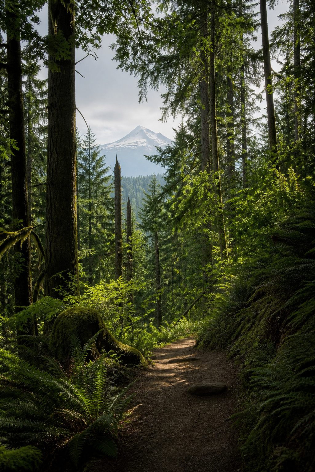 Portland forest trail with Mount Hood in the distance