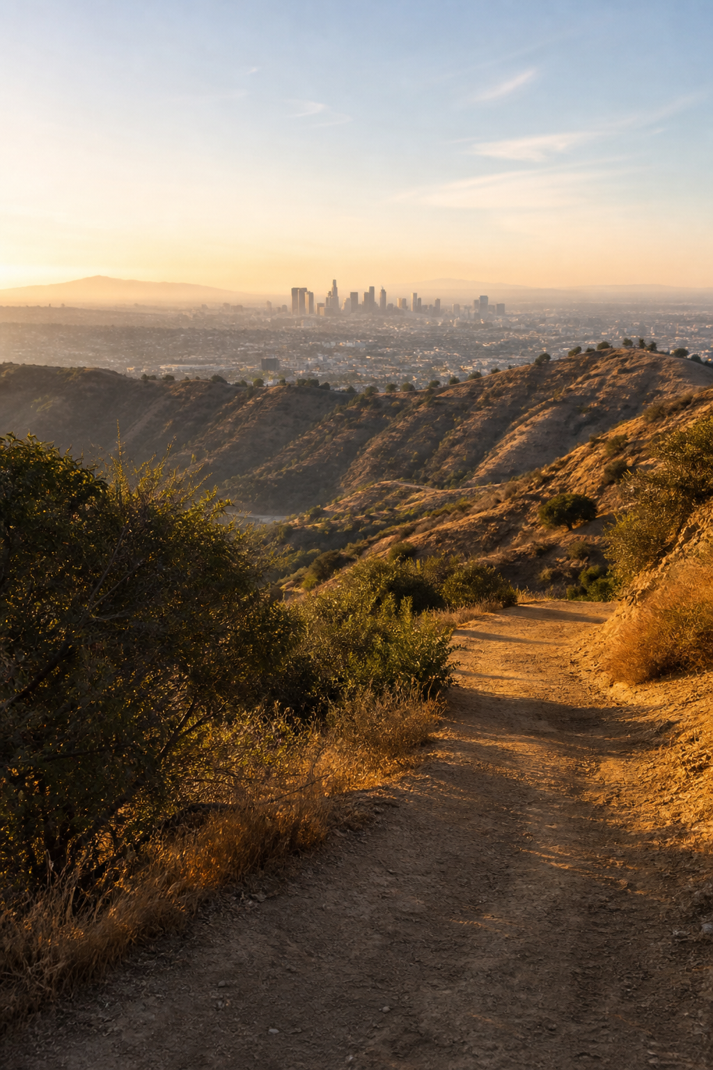 Los Angeles hillside trail overlooking the city skyline