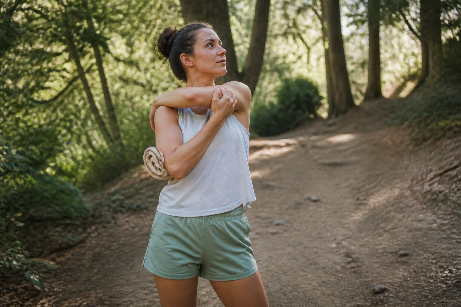 Beginner stretching on a forest trail before Hiking Yoga class