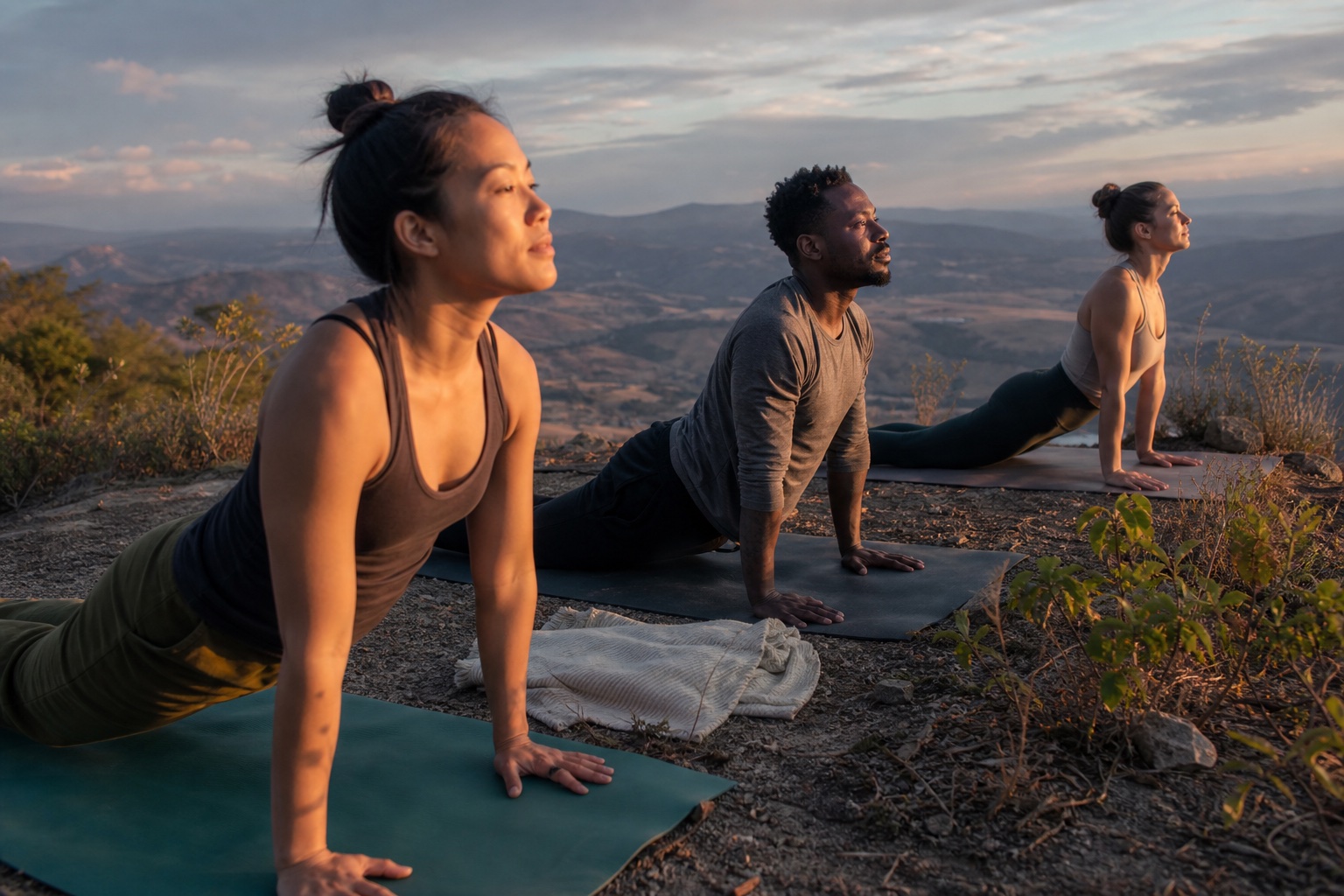 Small group practicing outdoor yoga on an overlook after a hike