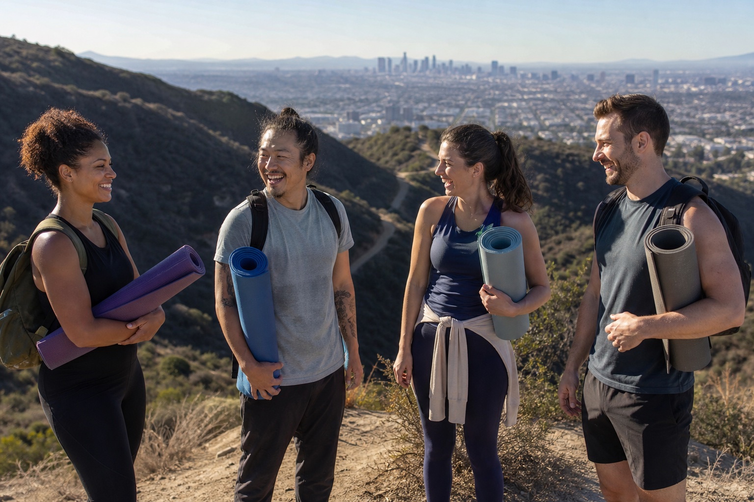 Diverse hikers with yoga mats celebrating on a scenic ridge after class