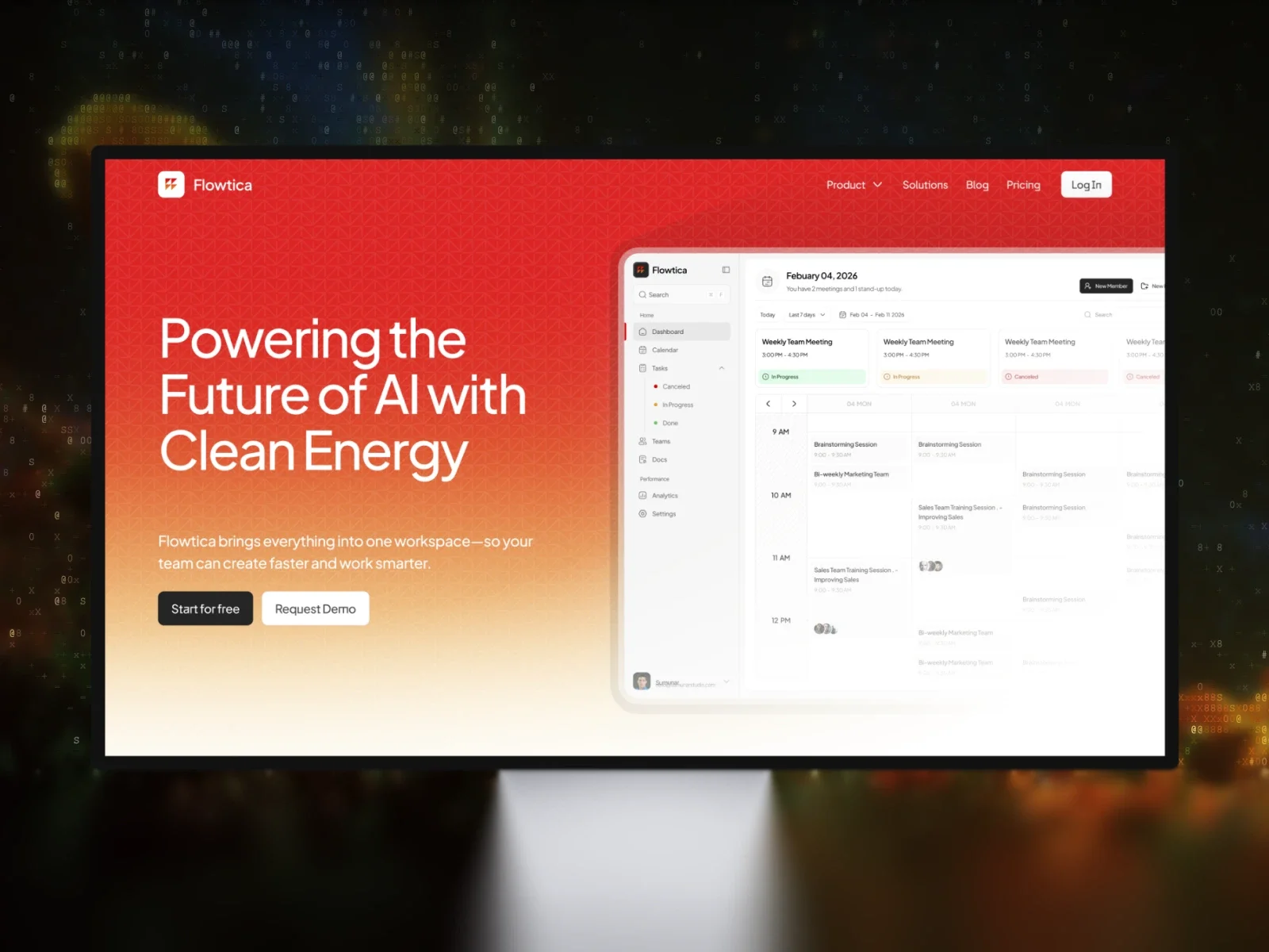 Flowtica webpage with slogan about AI and clean energy and a dashboard calendar for team meetings.