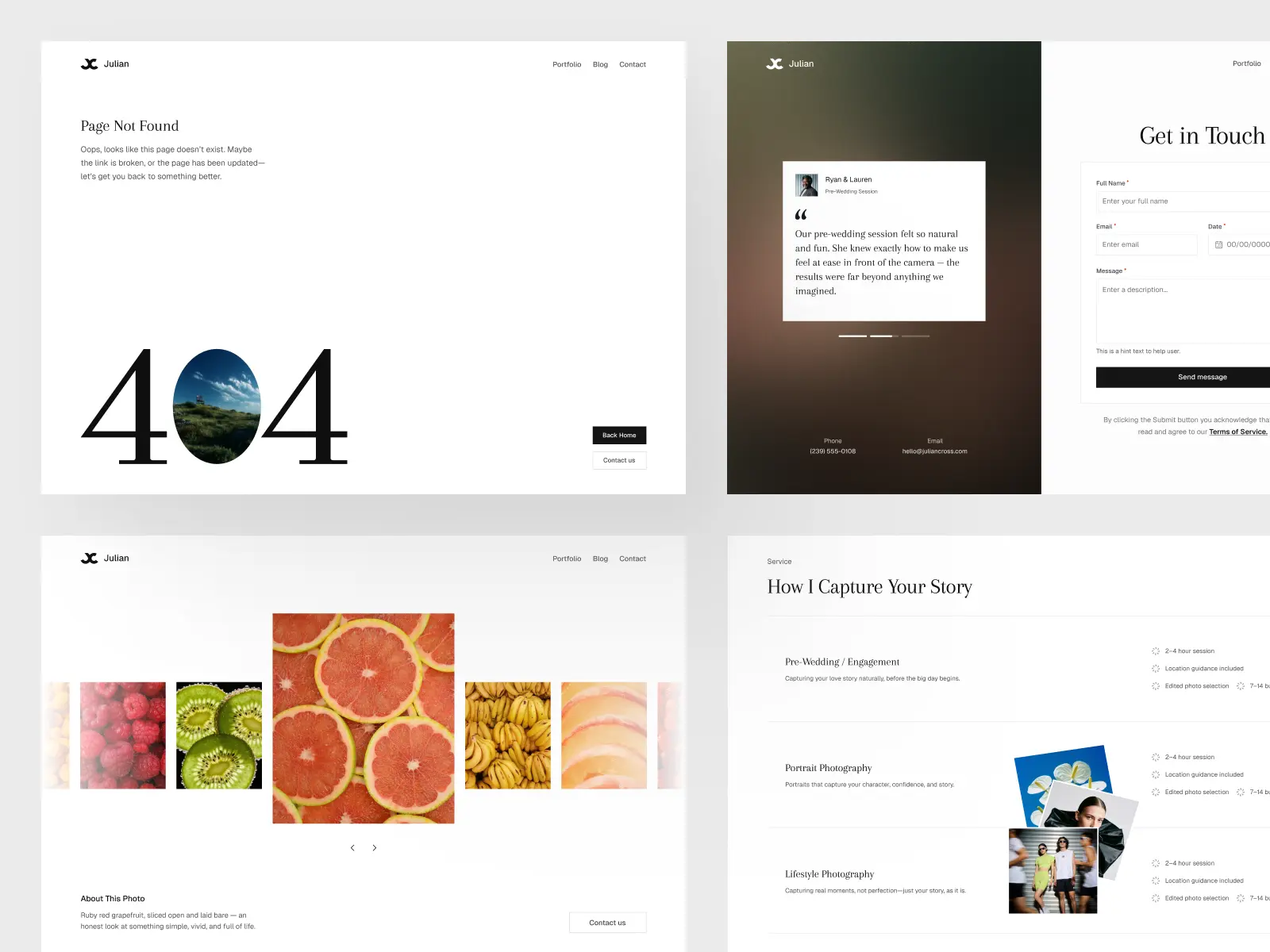 Website screenshots showing a 404 error page, photo gallery of fruits, contact form, and photography service details.