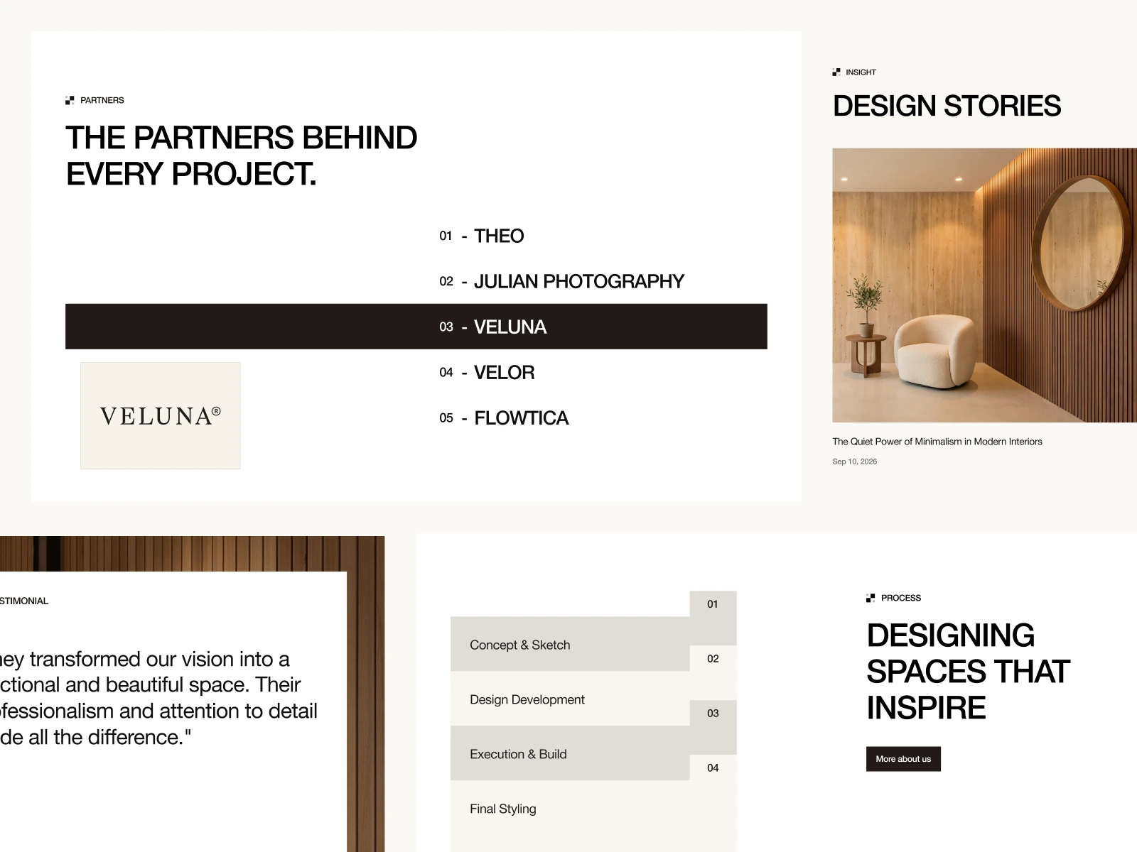 Webpage section listing partners, design stories with a modern interior photo, testimonial, and design process steps.