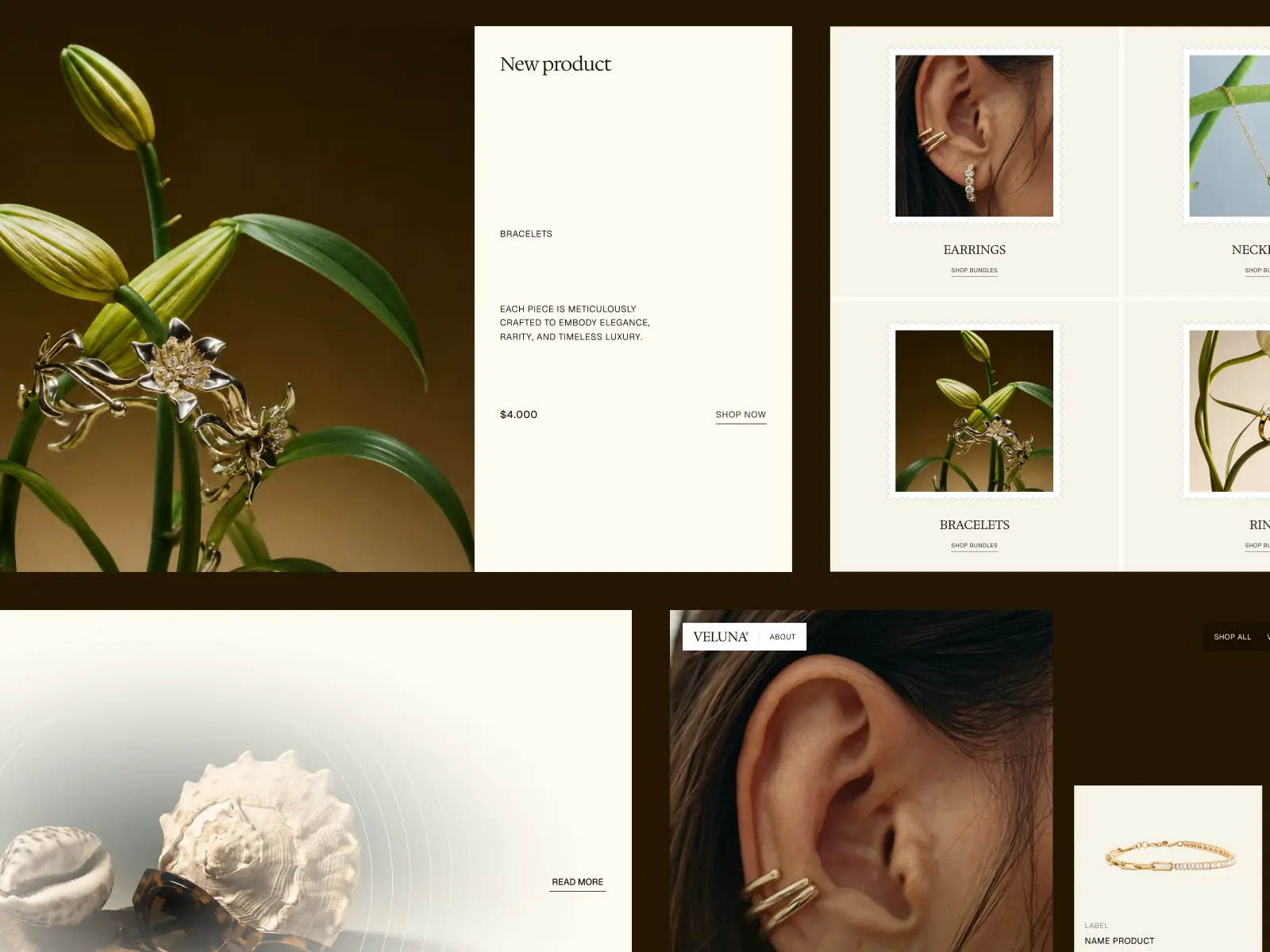 Collage showing gold jewelry pieces including bracelets, earrings, and rings with natural elements.