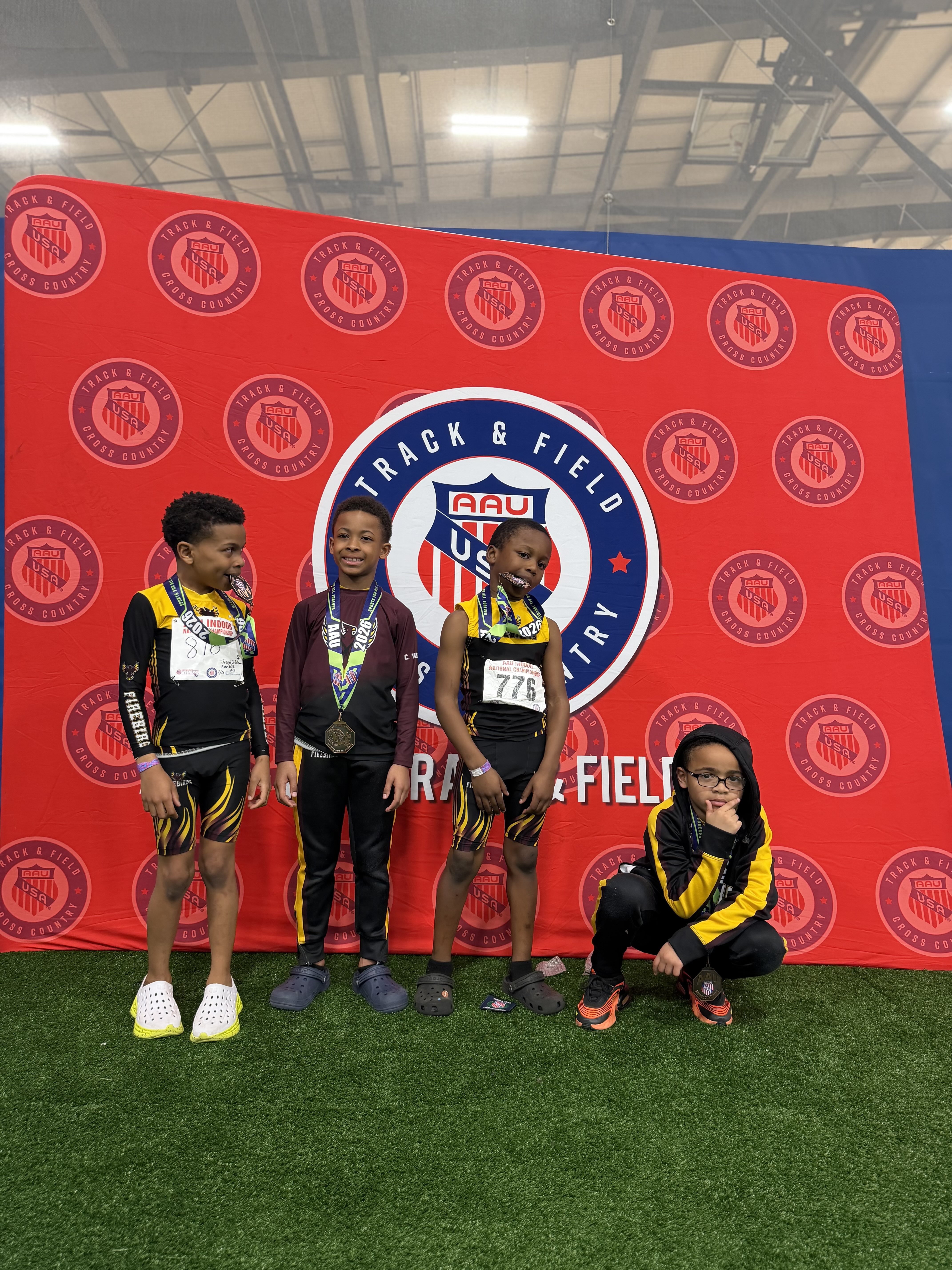 Firebirds 8U boys 4x200 relay team at the 2026 AAU Indoor National Championships