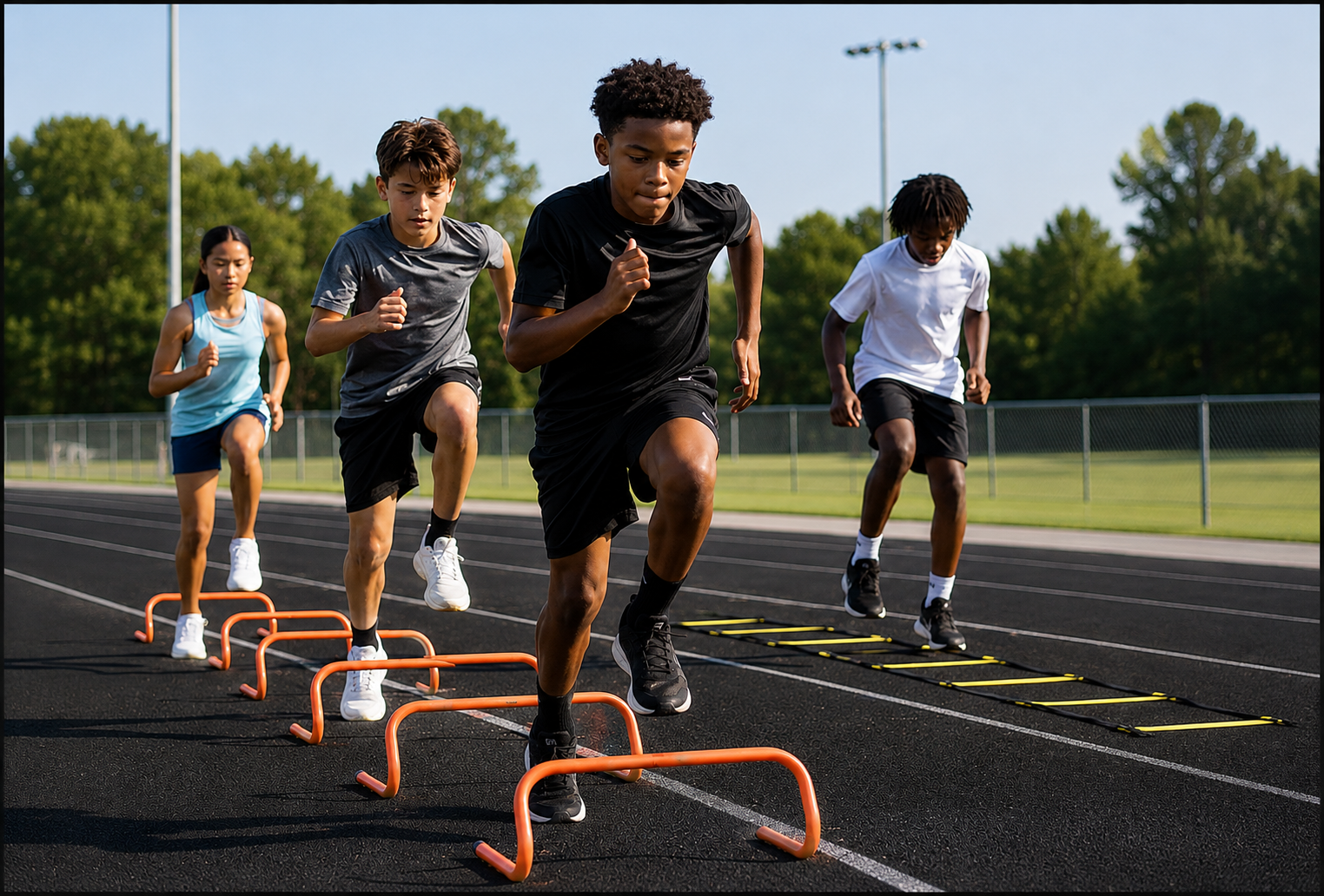 Athletes developing running mechanics and movement fundamentals