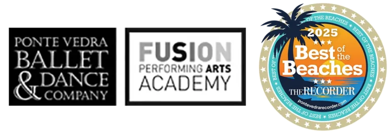 Logos for Ponte Vedra Ballet & Dance Company, Fusion Performing Arts Academy, and 2025 Best of Beaches award.
