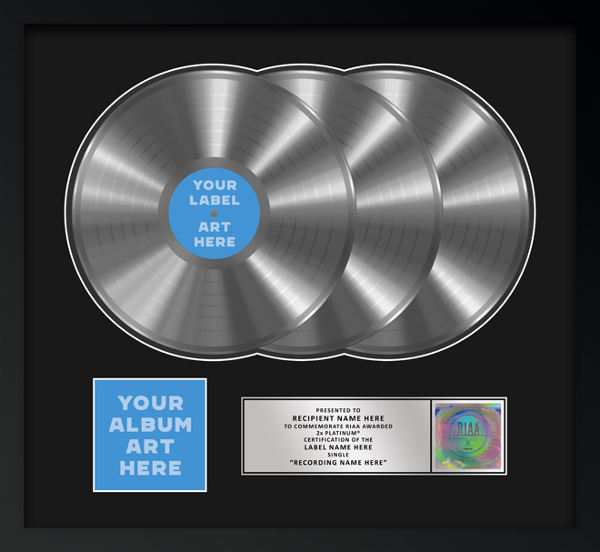3x Platinum RIAA plaque with album art beside the plate