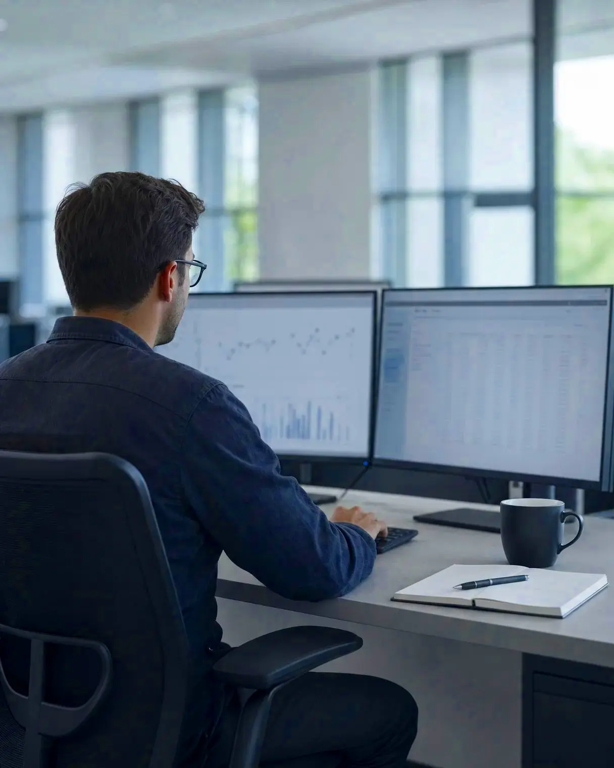An analyst working across a two-monitor workstation in a quiet corporate office.