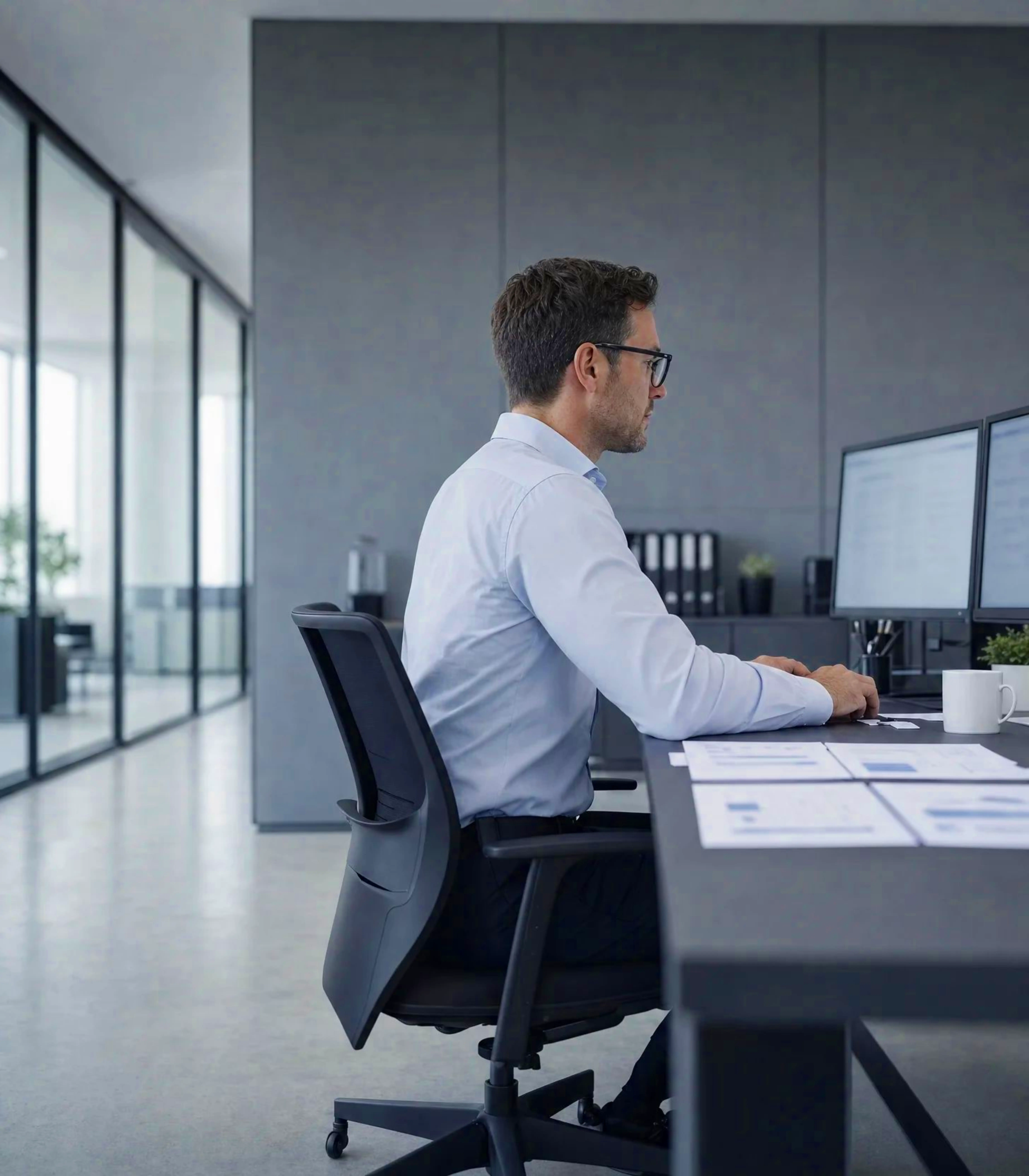 An analyst comparing competitor pricing across two monitors with printed comparison sheets on the desk.