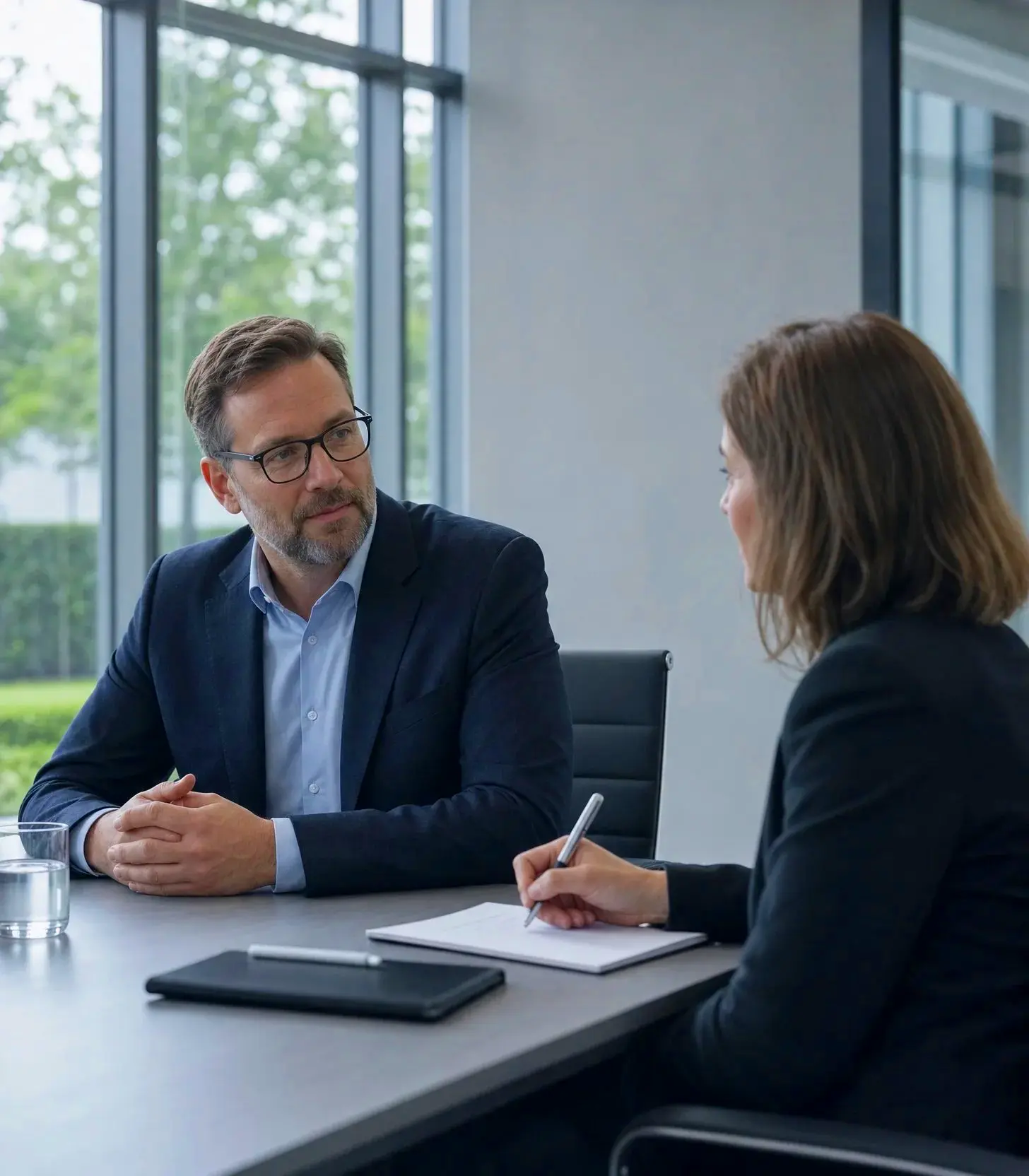 Two professionals in an initial client meeting, one taking notes across a small table.