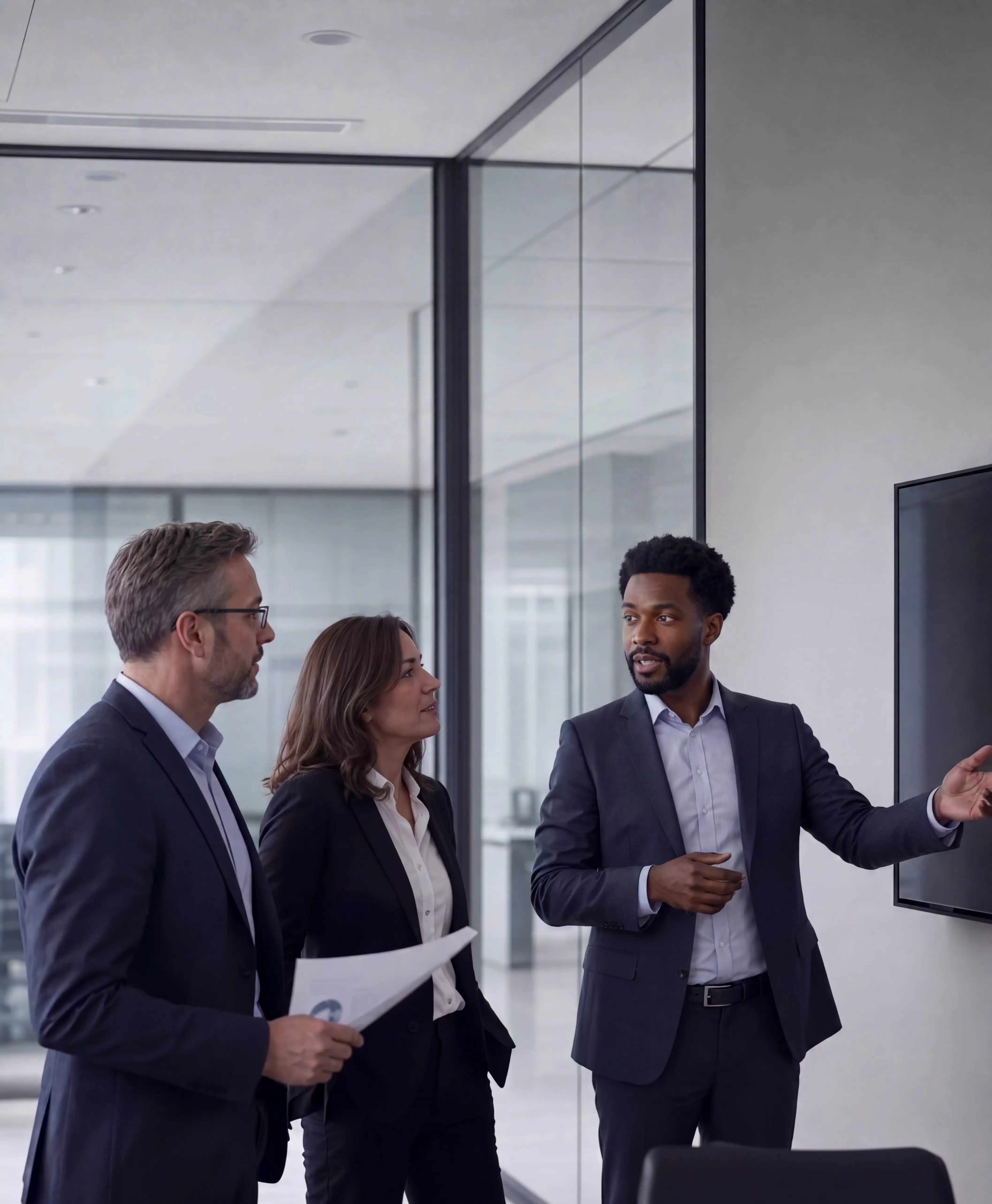 Three colleagues discussing competitive market findings at a wall display