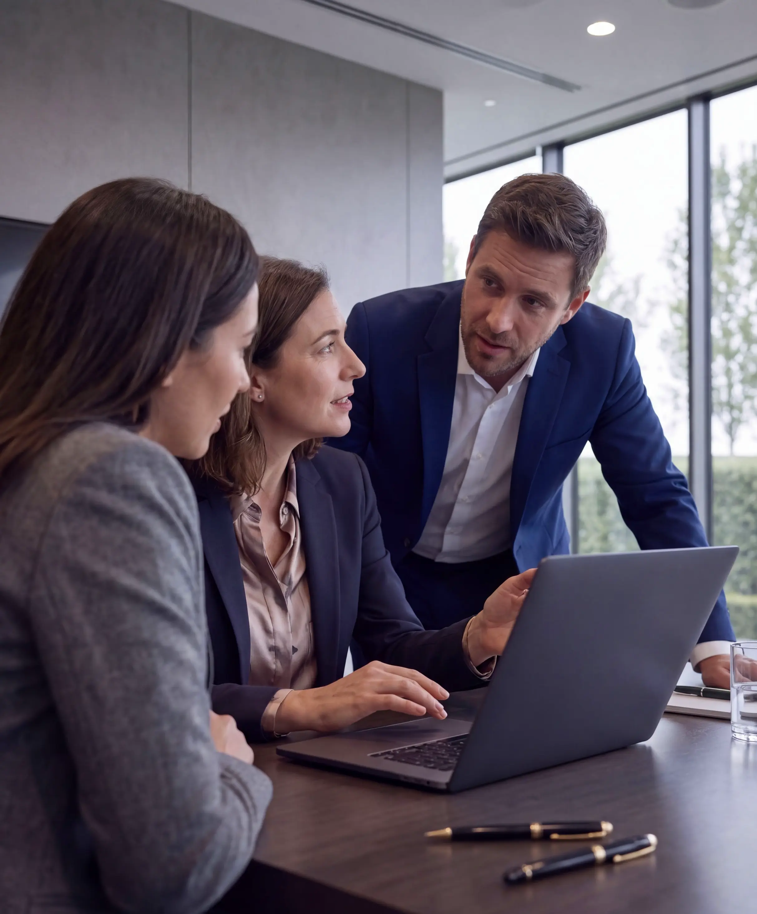 A team lead presenting market findings to two colleagues beside a large wall display.