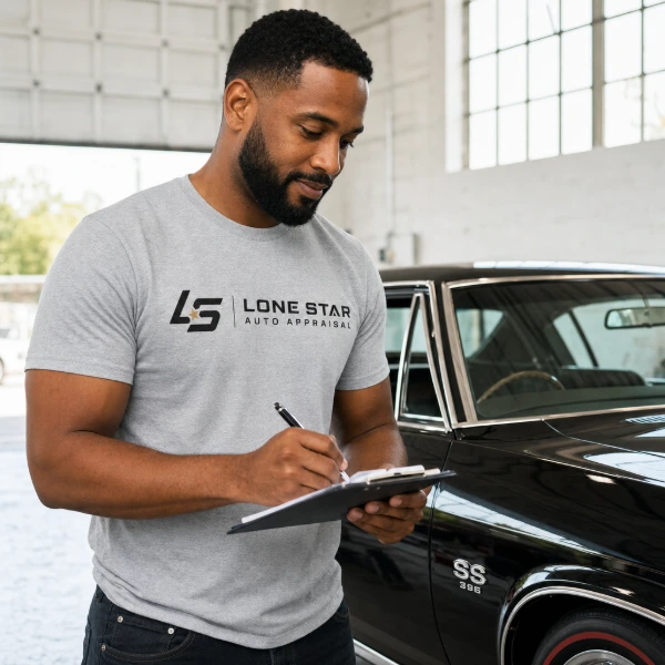 Lone Star Auto Appraisal team member in a logo shirt writing inspection notes while appraising a classic muscle car