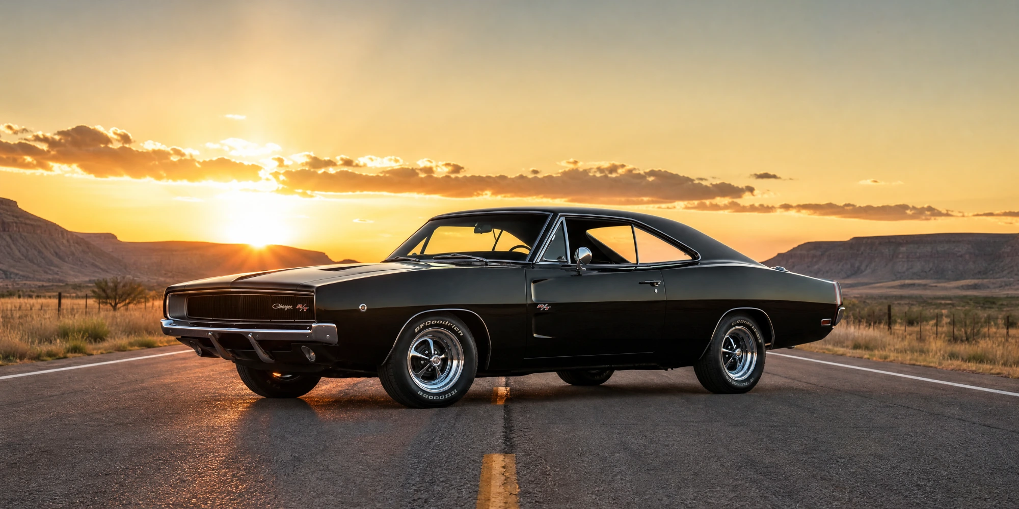 Black 1969 Dodge Charger muscle car on an open Texas highway at sunset, appraised by Lone Star Auto Appraisal