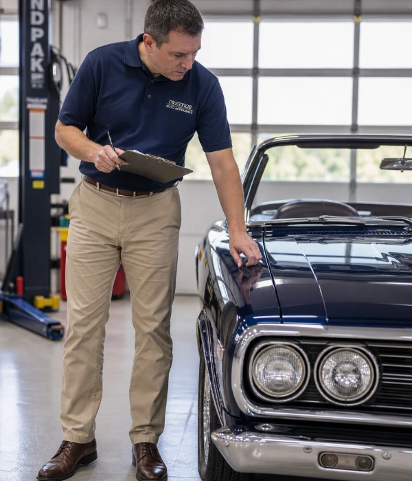 Professional auto appraiser with a clipboard inspecting a classic car during a vehicle appraisal
