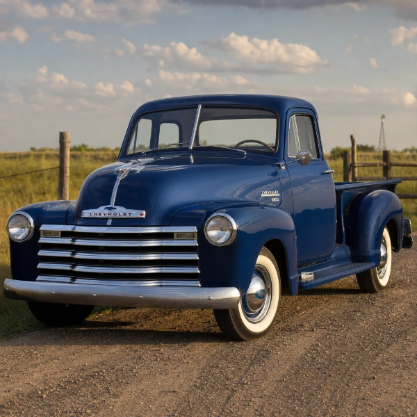 Classic blue American pickup truck on a rural Texas ranch road, appraised for collector value