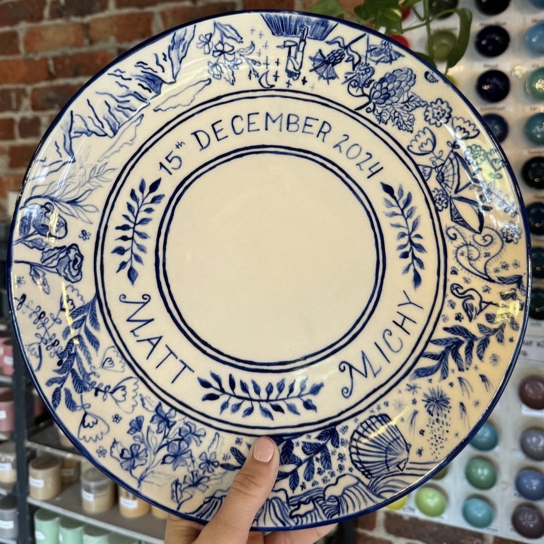 Hand-painted blue and white wedding plate for Matt and Michy