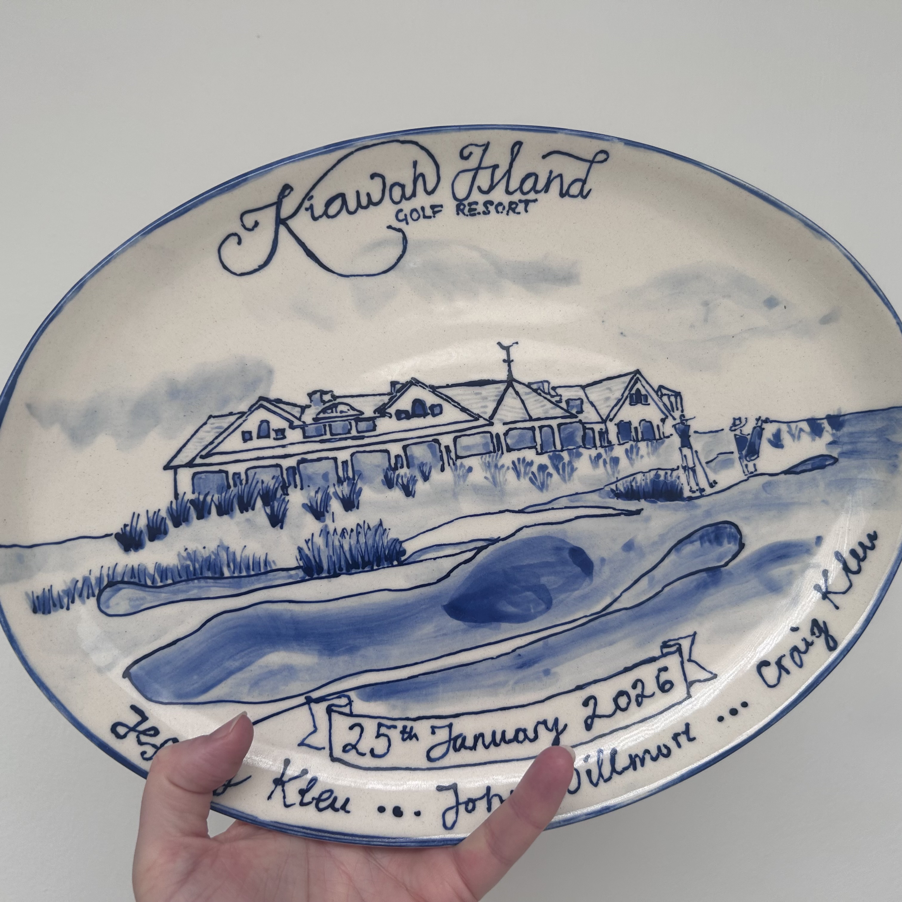 Hand-painted blue and white plate of Kiawah Island