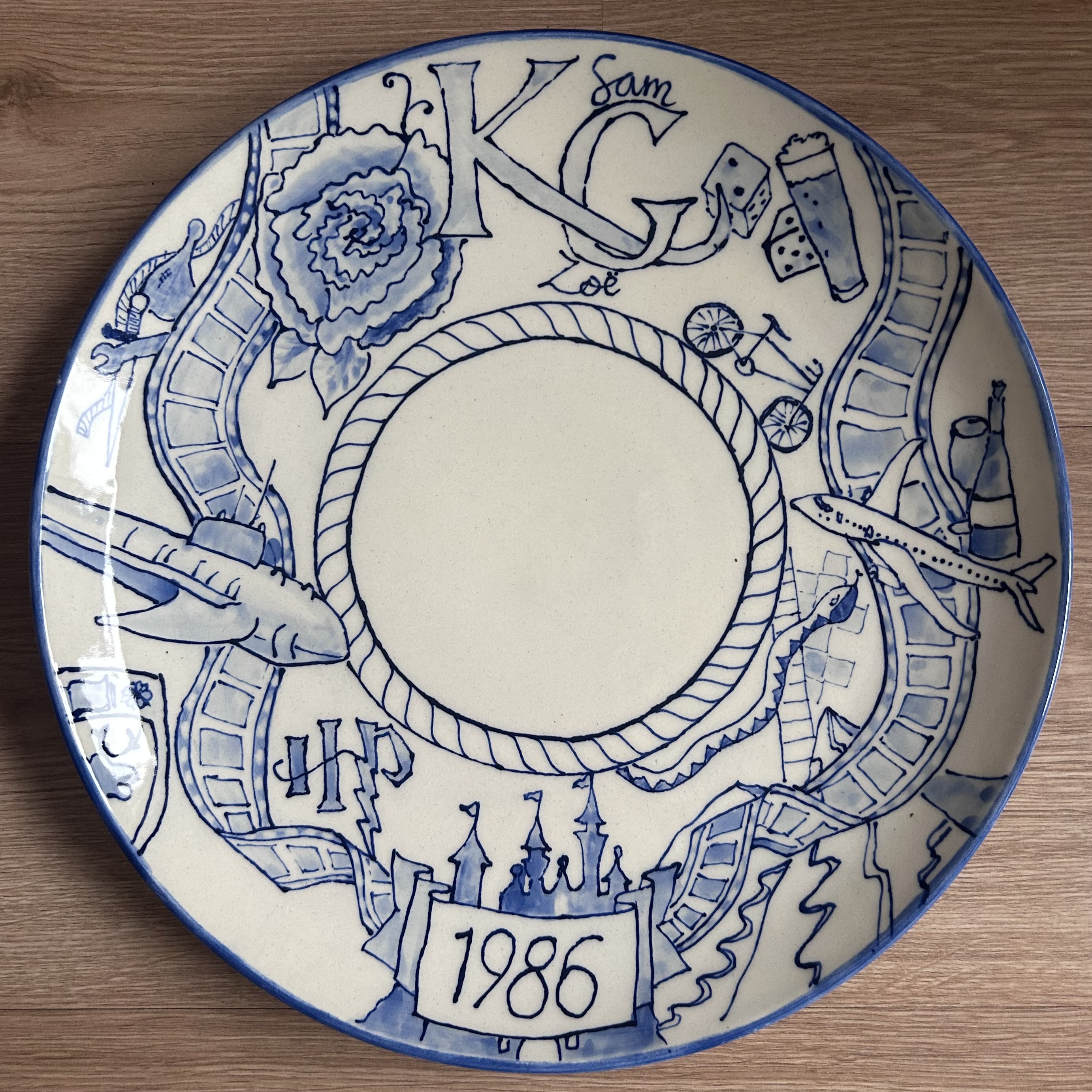 Hand-painted blue and white plate for Kirsty and Gary