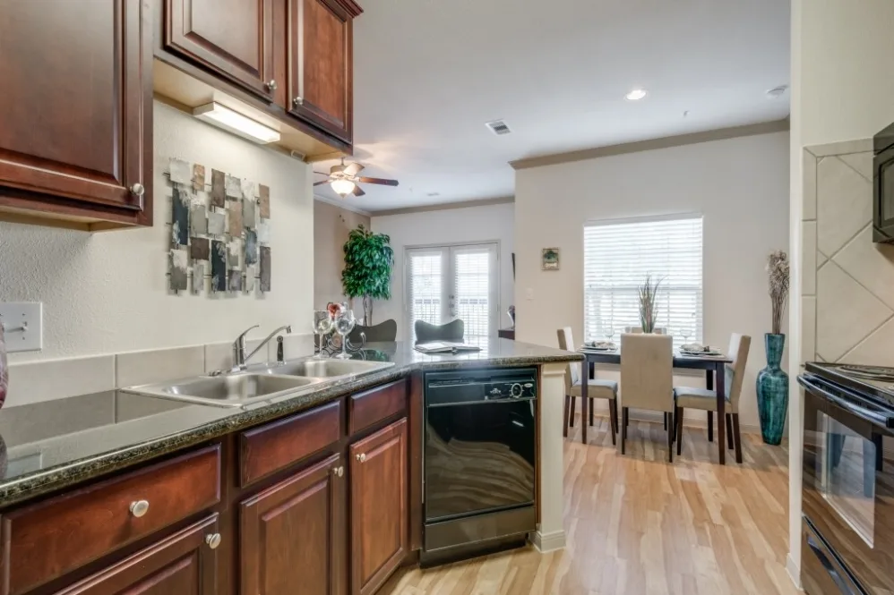 Kitchen with brown cabinets