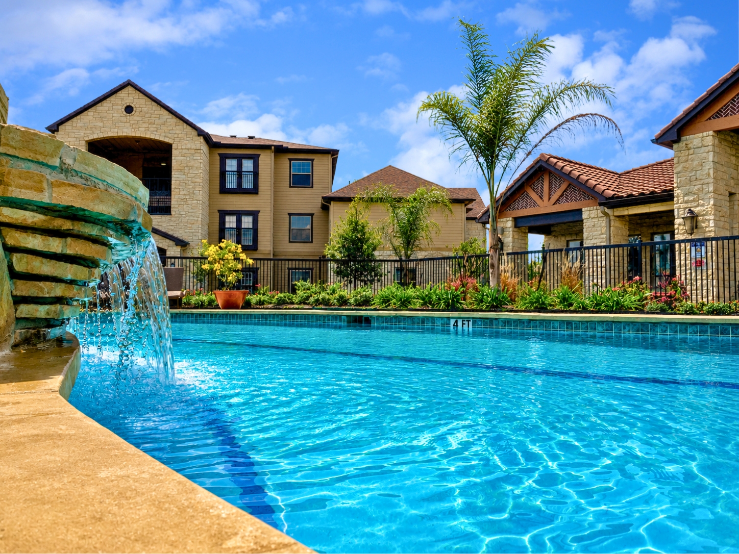 Water Feature at Pool at Lookout Hollow Apartments in Selma, Texas