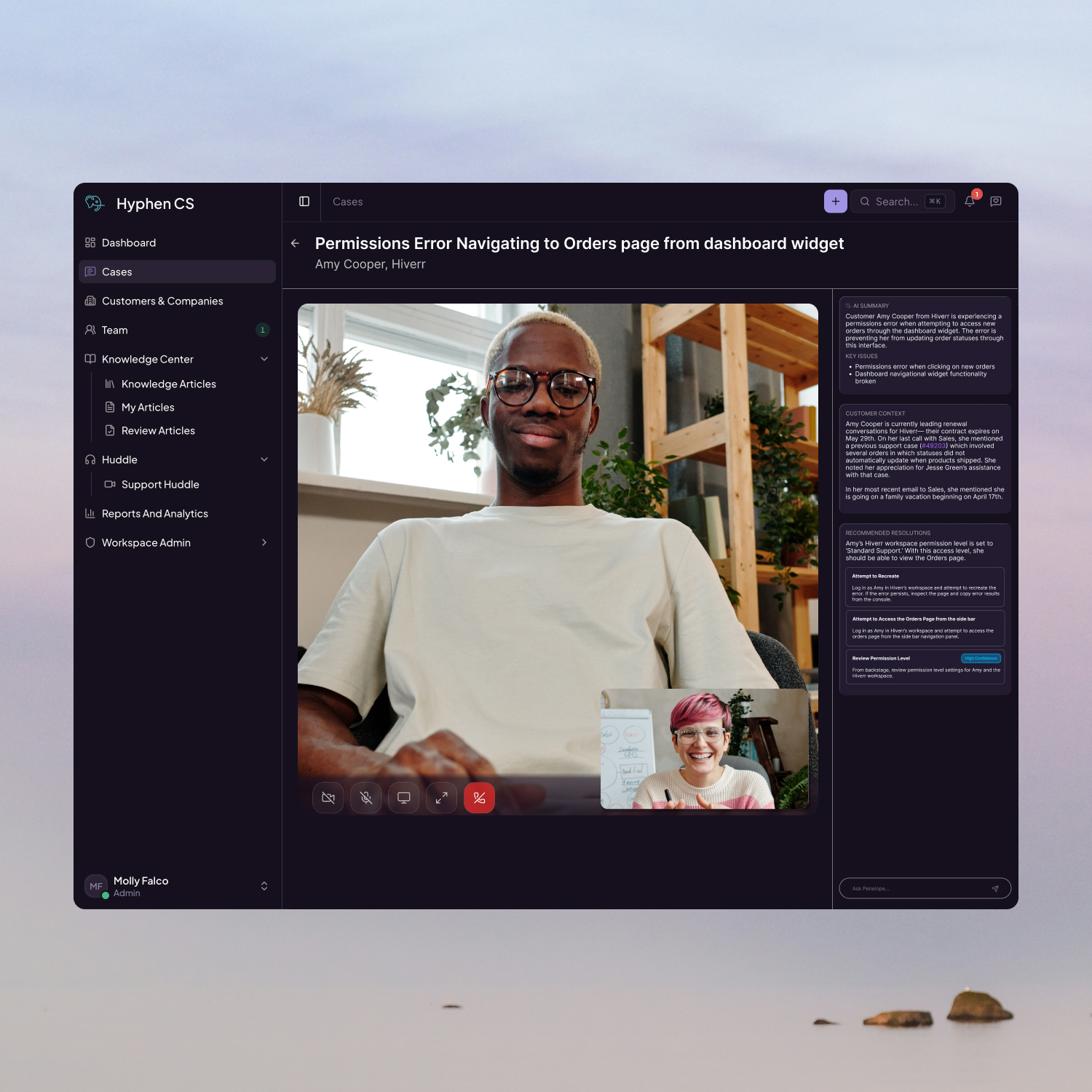 A support agent fields an on-demand video call from a customer in Hyphen
